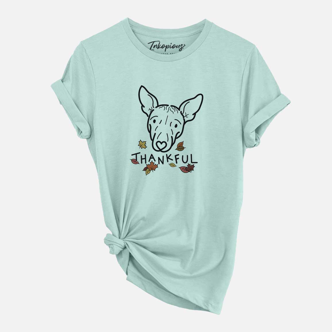 Minimalist line drawing of Georgia the American Hairless Terrier with 'Thankful' lettering on a Heather Sage Unisex crewneck