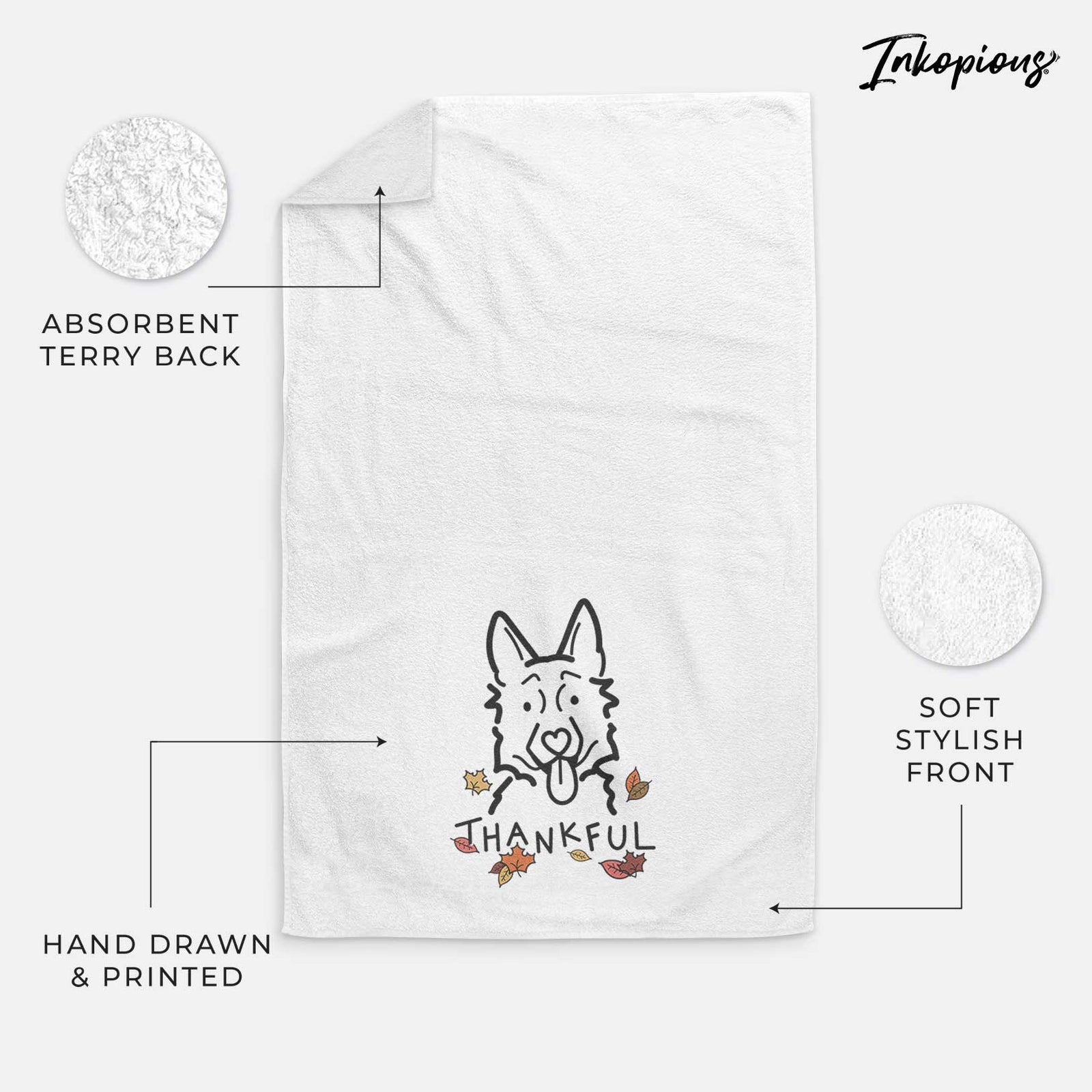Minimalist line drawing of a German Shepherd with 'Thankful' lettering on a decorative hand towel