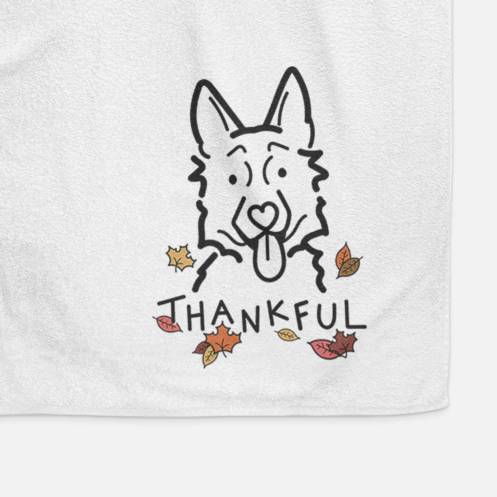 Minimalist line drawing of a German Shepherd with 'Thankful' lettering on a decorative hand towel