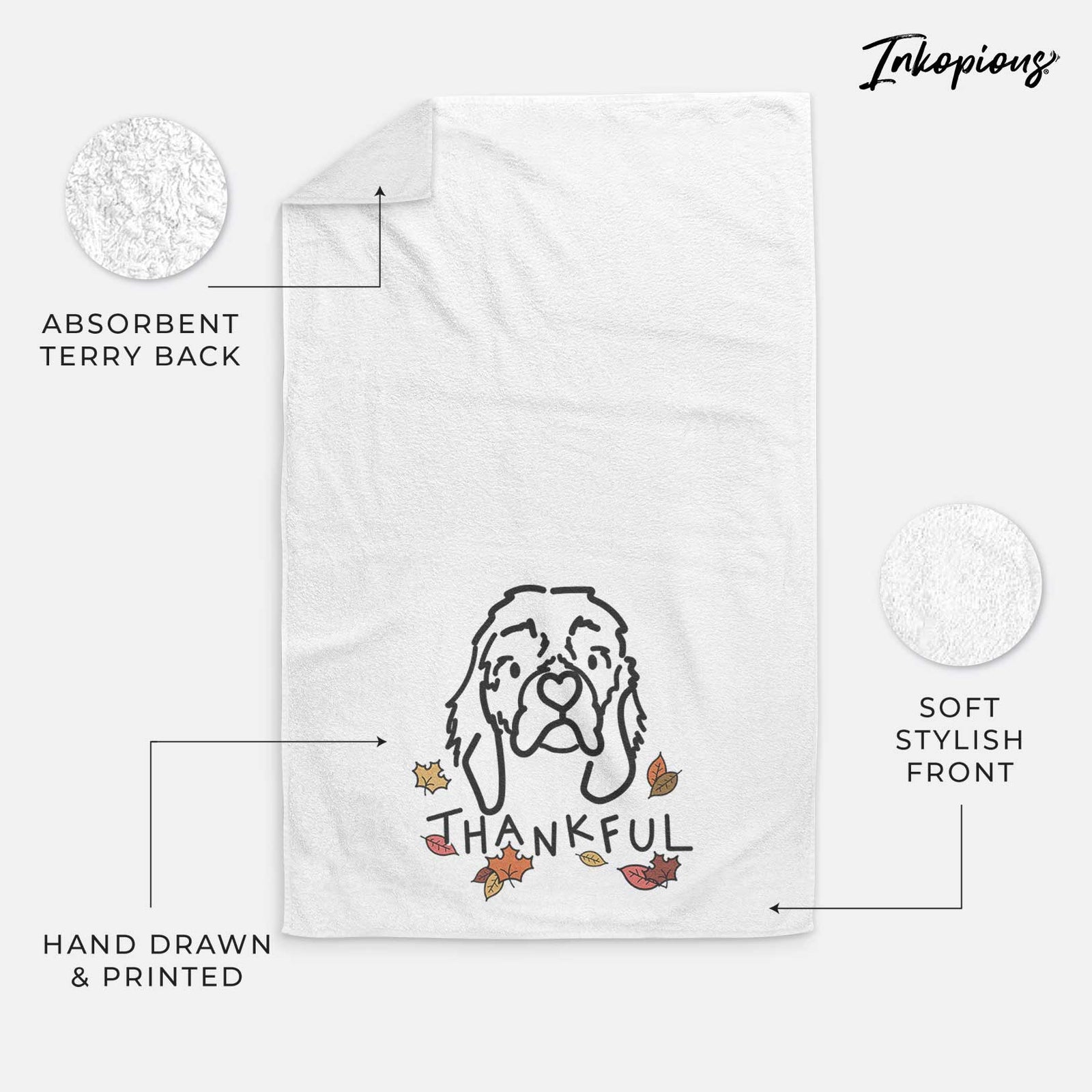 Minimalist line drawing of GiGi the Cocker Spaniel with 'Thankful' lettering on a decorative hand towel