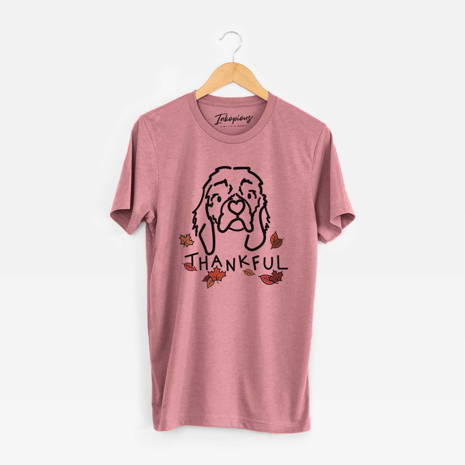 Minimalist line drawing of GiGi the Cocker Spaniel with 'Thankful' lettering on a Mauve Unisex crewneck