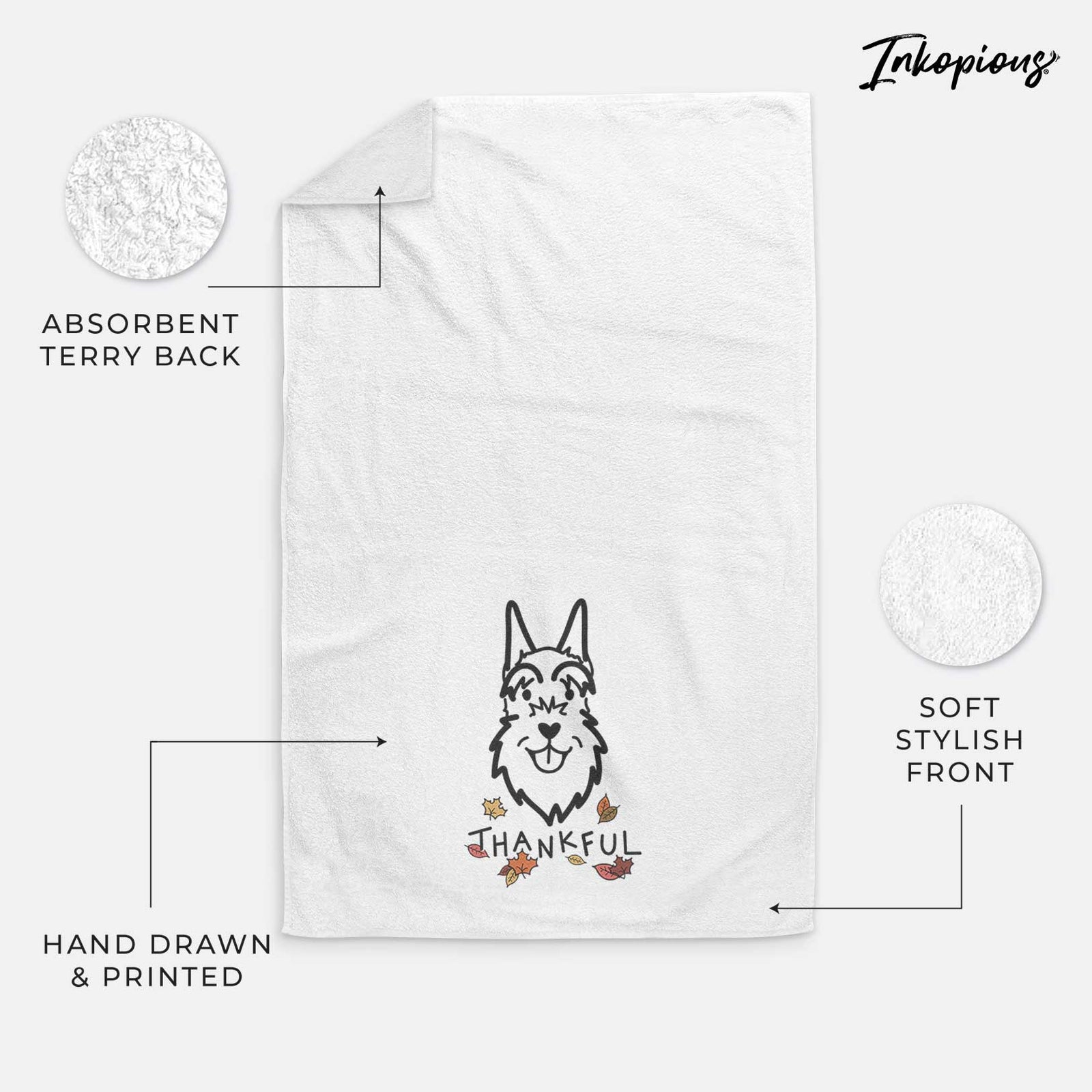 Minimalist line drawing of a Schnauzer Cropped Ears with 'Thankful' lettering on a decorative hand towel