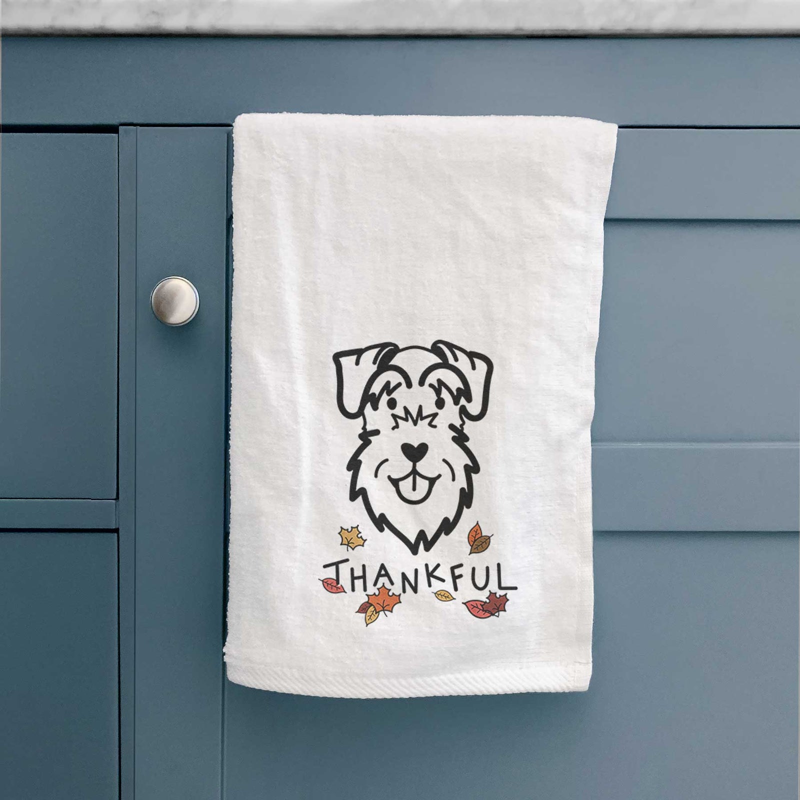 Minimalist line drawing of a Schnauzer Natural Ears with 'Thankful' lettering on a decorative hand towel