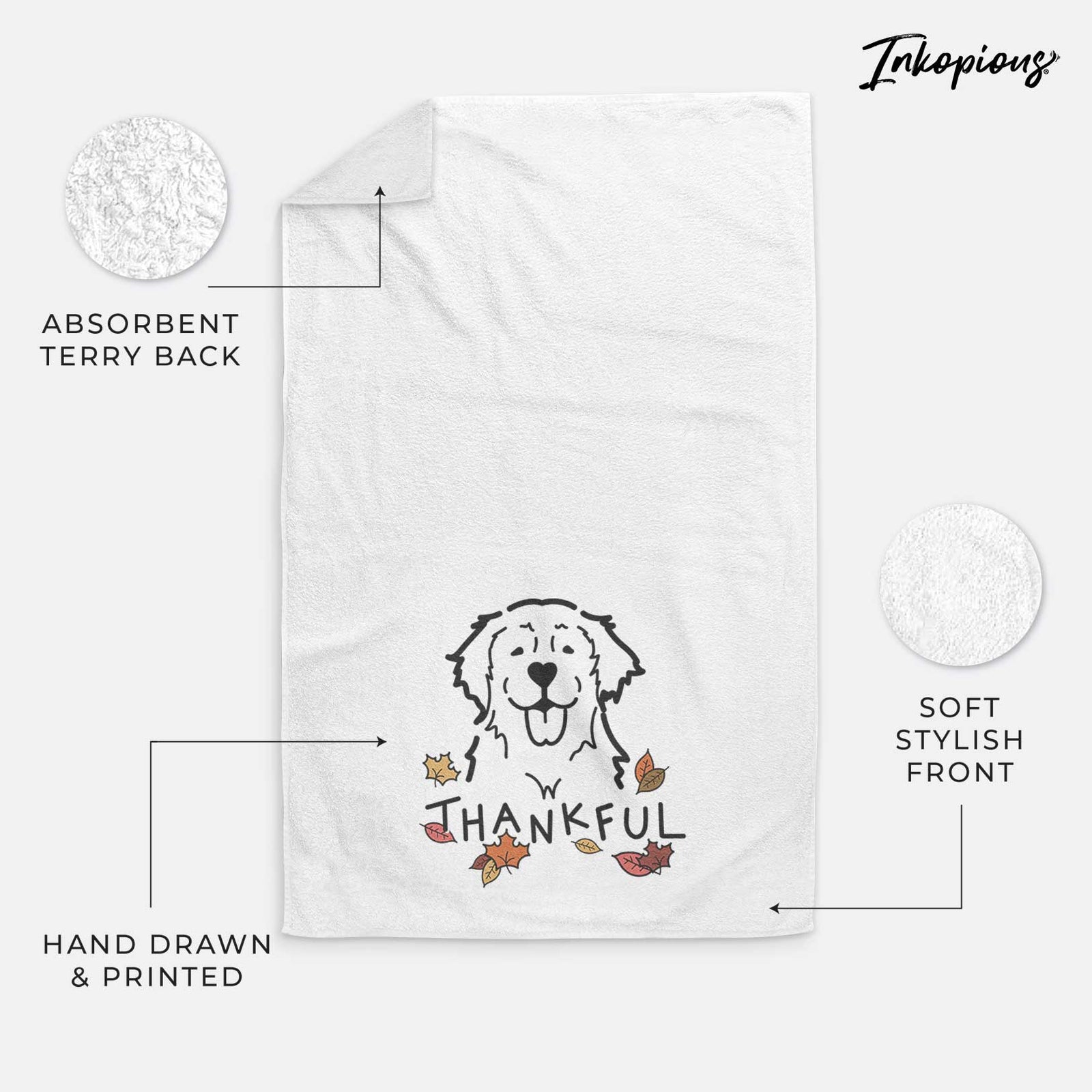 Minimalist line drawing of a Golden Retriever with 'Thankful' lettering on a decorative hand towel