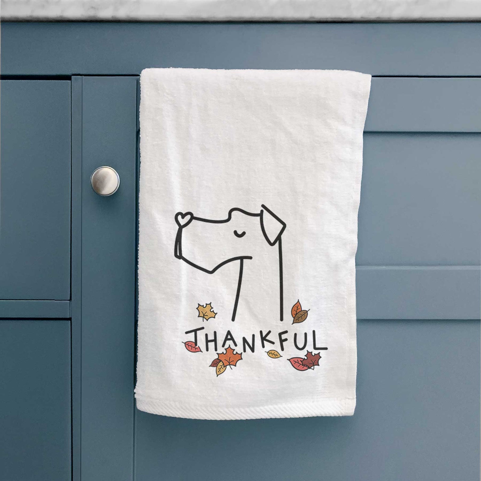 Minimalist line drawing of a Great Dane with 'Thankful' lettering on a decorative hand towel
