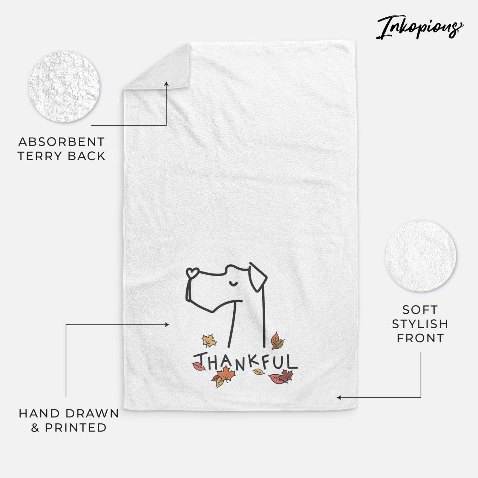 Minimalist line drawing of a Great Dane with 'Thankful' lettering on a decorative hand towel
