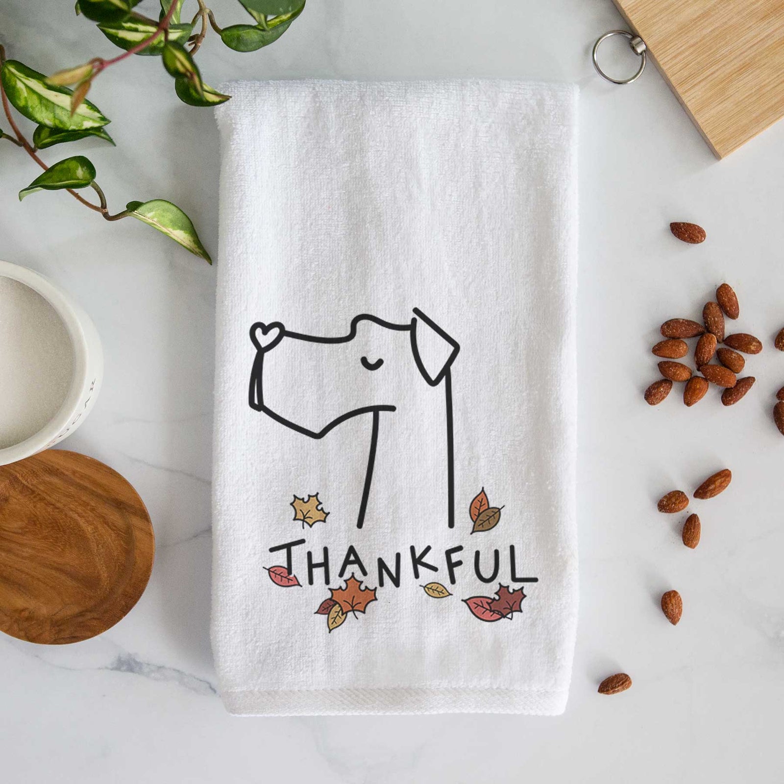 Minimalist line drawing of a Great Dane with 'Thankful' lettering on a decorative hand towel