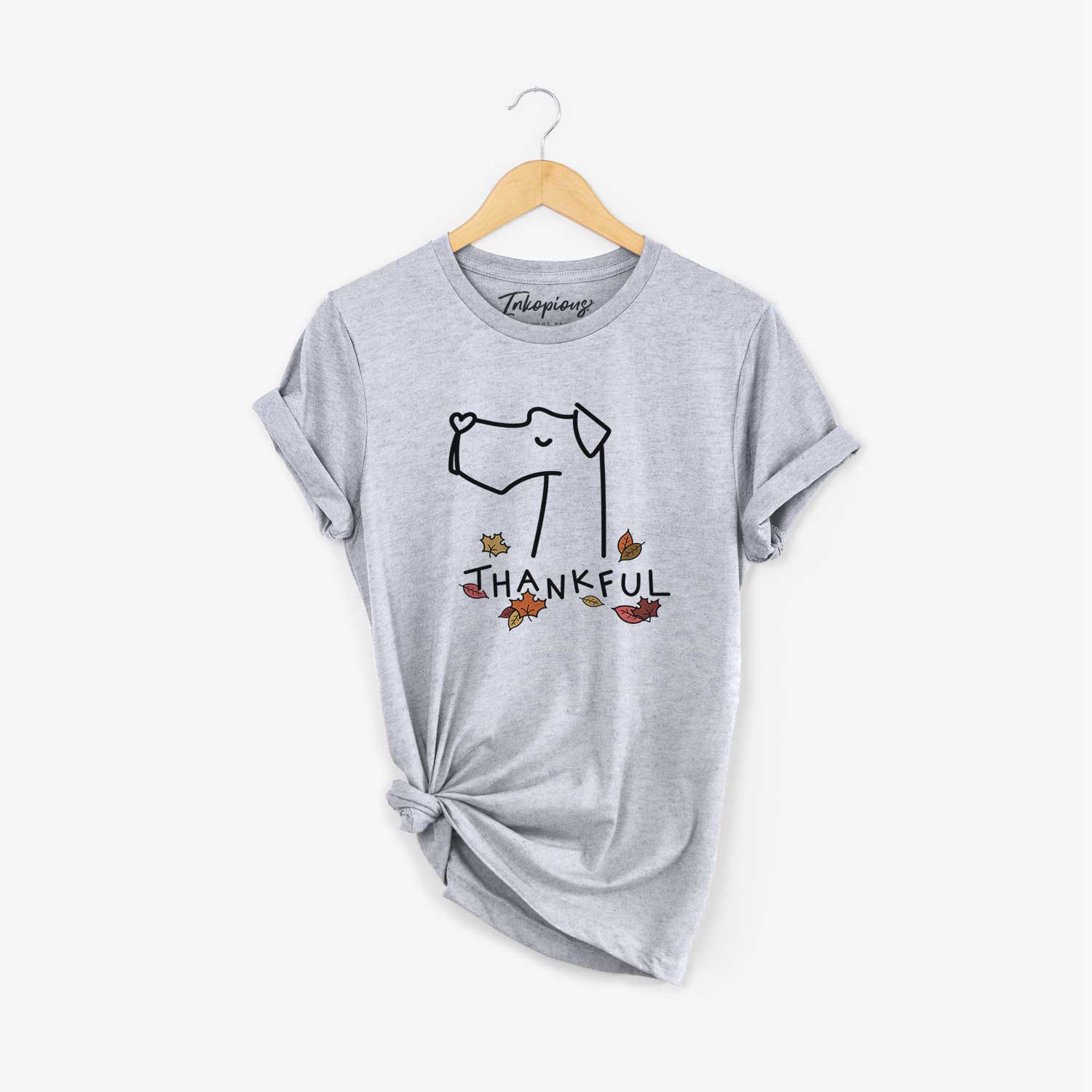Minimalist line drawing of a Great Dane with 'Thankful' lettering on a Grey Unisex crewneck