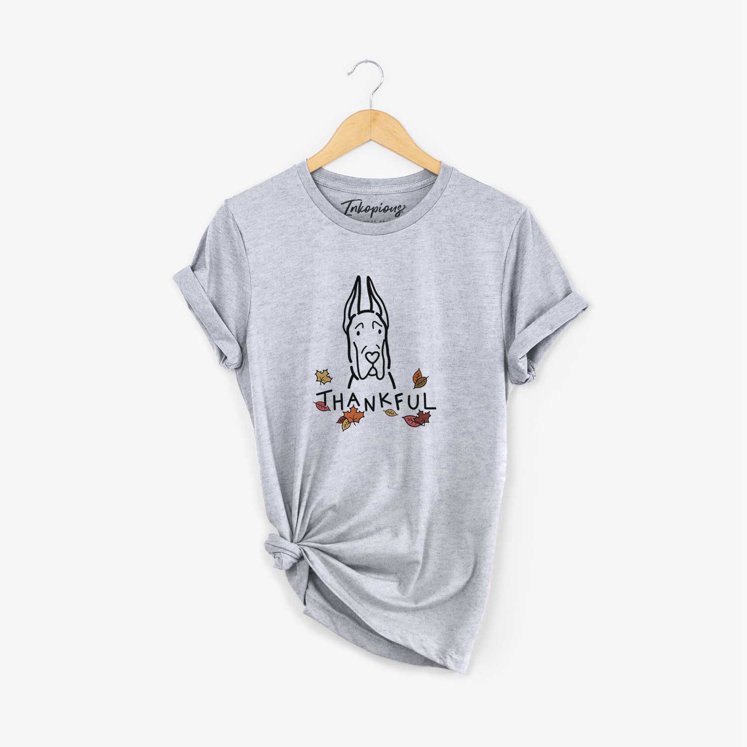 Minimalist line drawing of a Great Dane with Cropped Ears with 'Thankful' lettering on a Grey Unisex crewneck