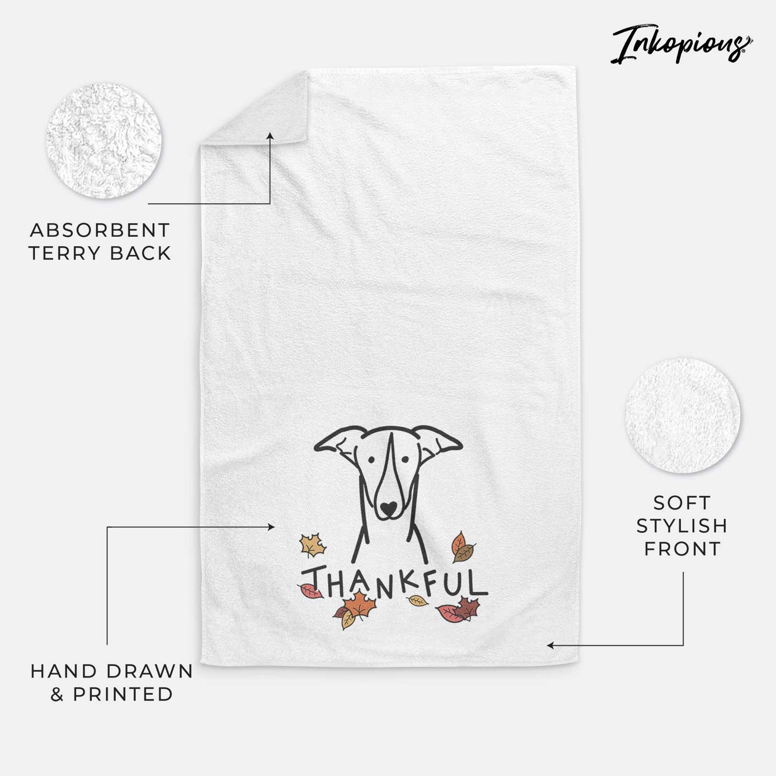 Minimalist line drawing of a Greyhound with 'Thankful' lettering on a decorative hand towel