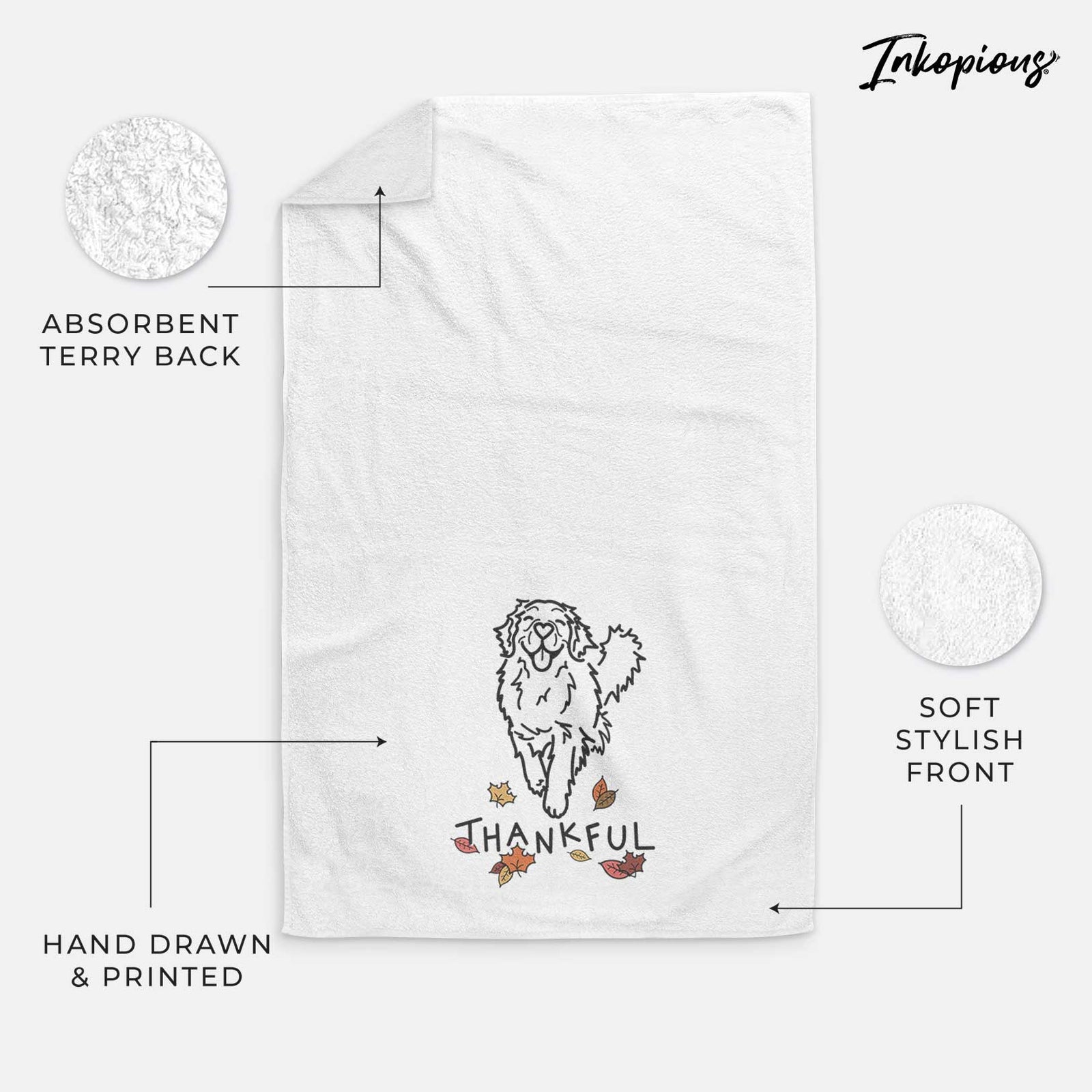 Minimalist line drawing of Hamlet the Golden Retriever with 'Thankful' lettering on a decorative hand towel