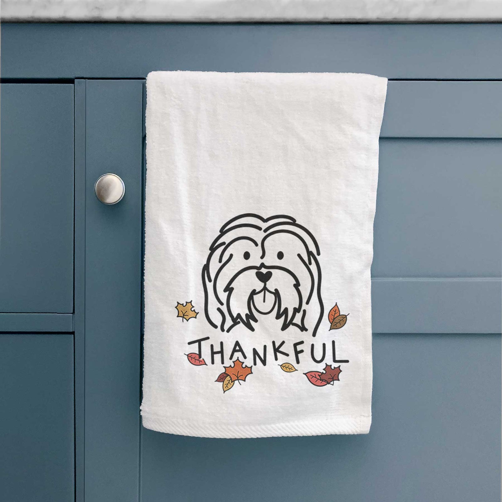 Minimalist line drawing of a Havanese with 'Thankful' lettering on a decorative hand towel