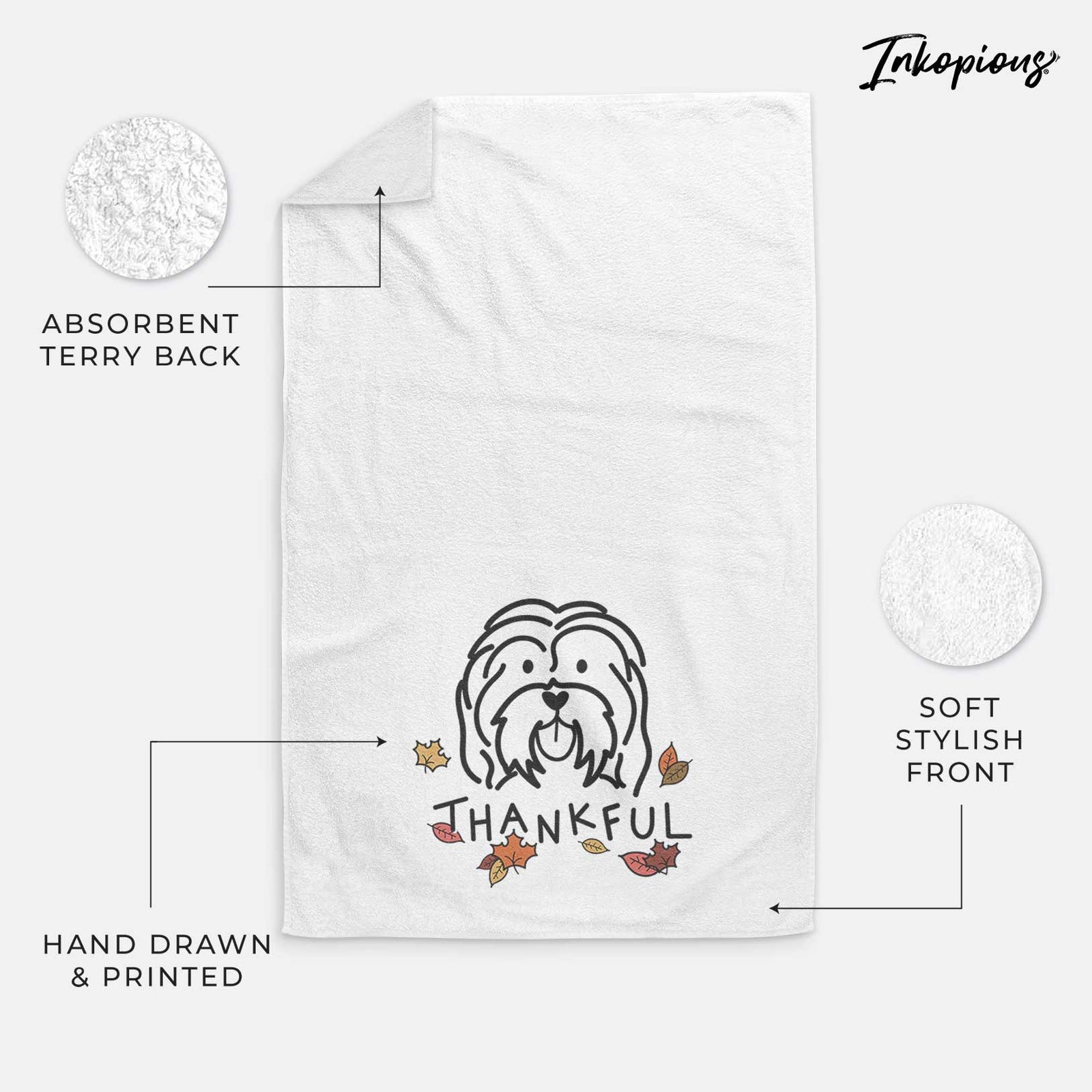 Minimalist line drawing of a Havanese with 'Thankful' lettering on a decorative hand towel