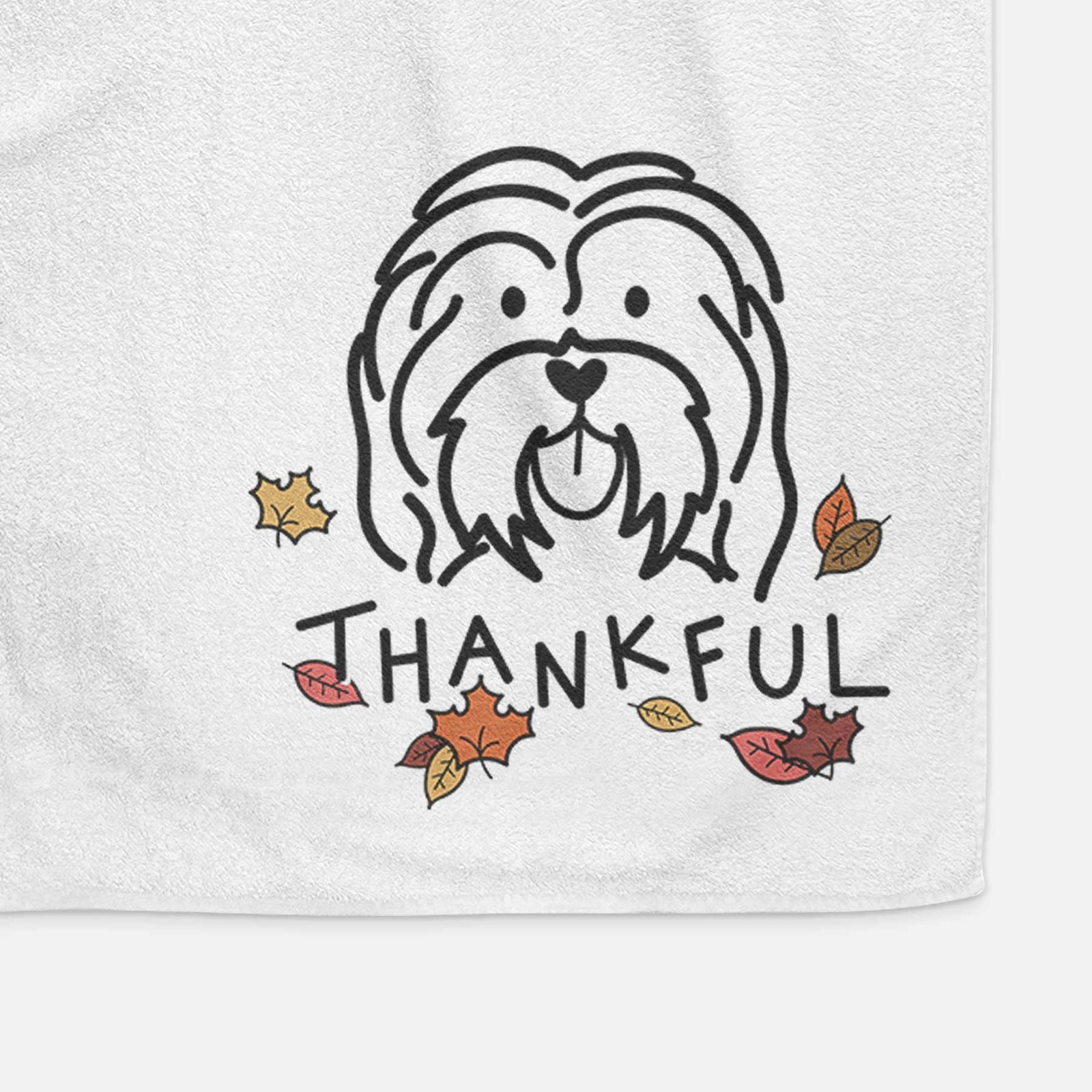 Minimalist line drawing of a Havanese with 'Thankful' lettering on a decorative hand towel