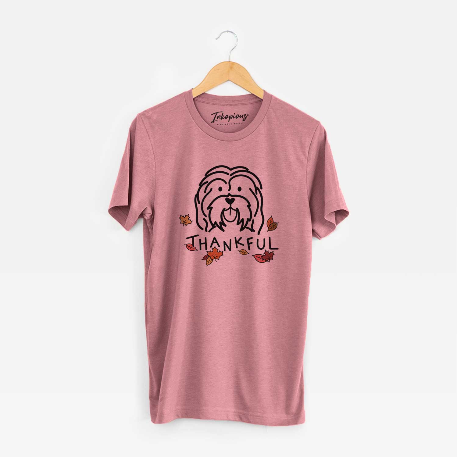 Minimalist line drawing of a Havanese with 'Thankful' lettering on a Mauve Unisex crewneck