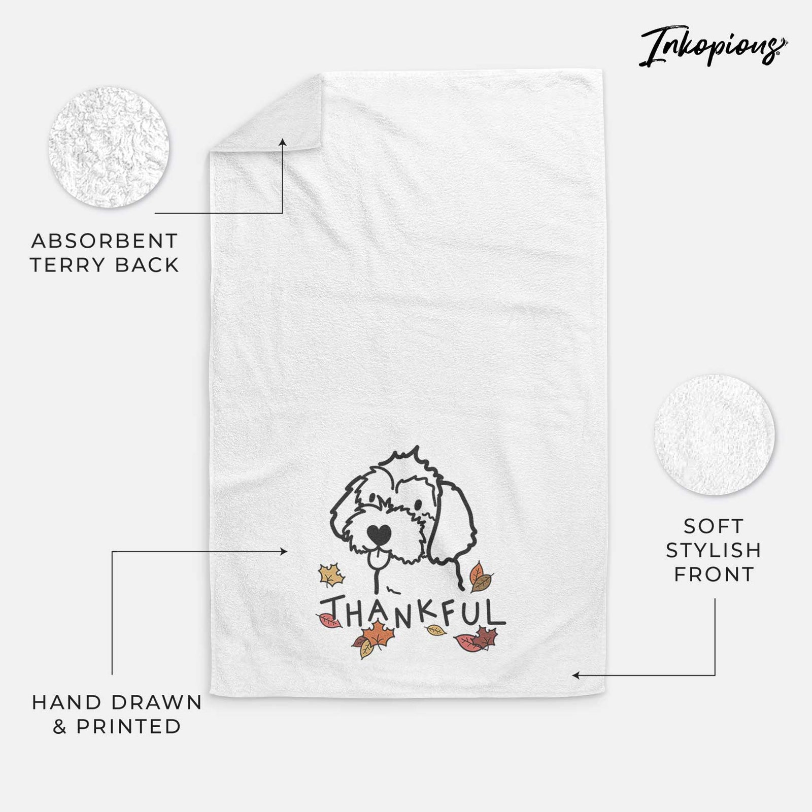 Minimalist line drawing of a Havapoo with 'Thankful' lettering on a decorative hand towel