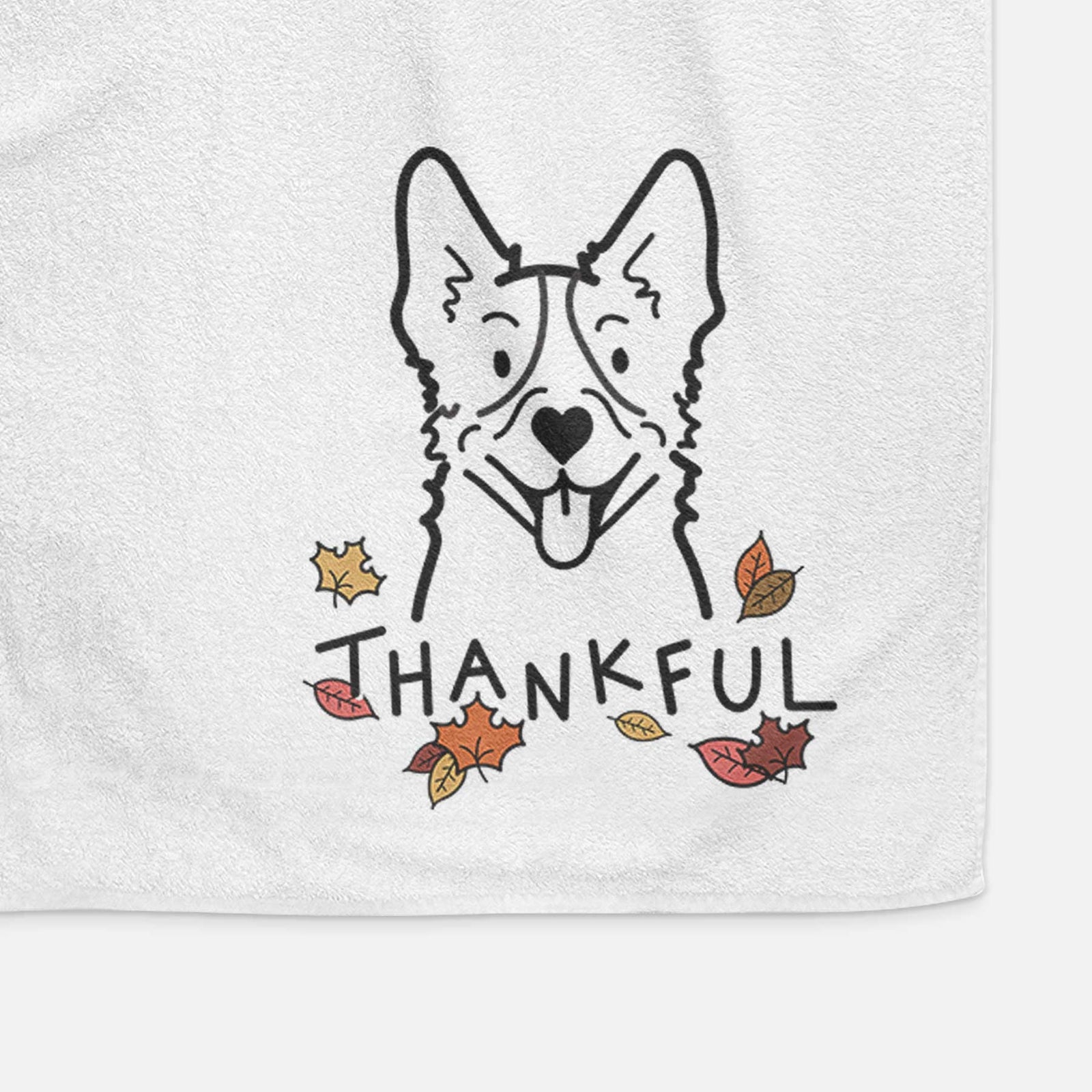 Minimalist line drawing of a Heeler with 'Thankful' lettering on a decorative hand towel