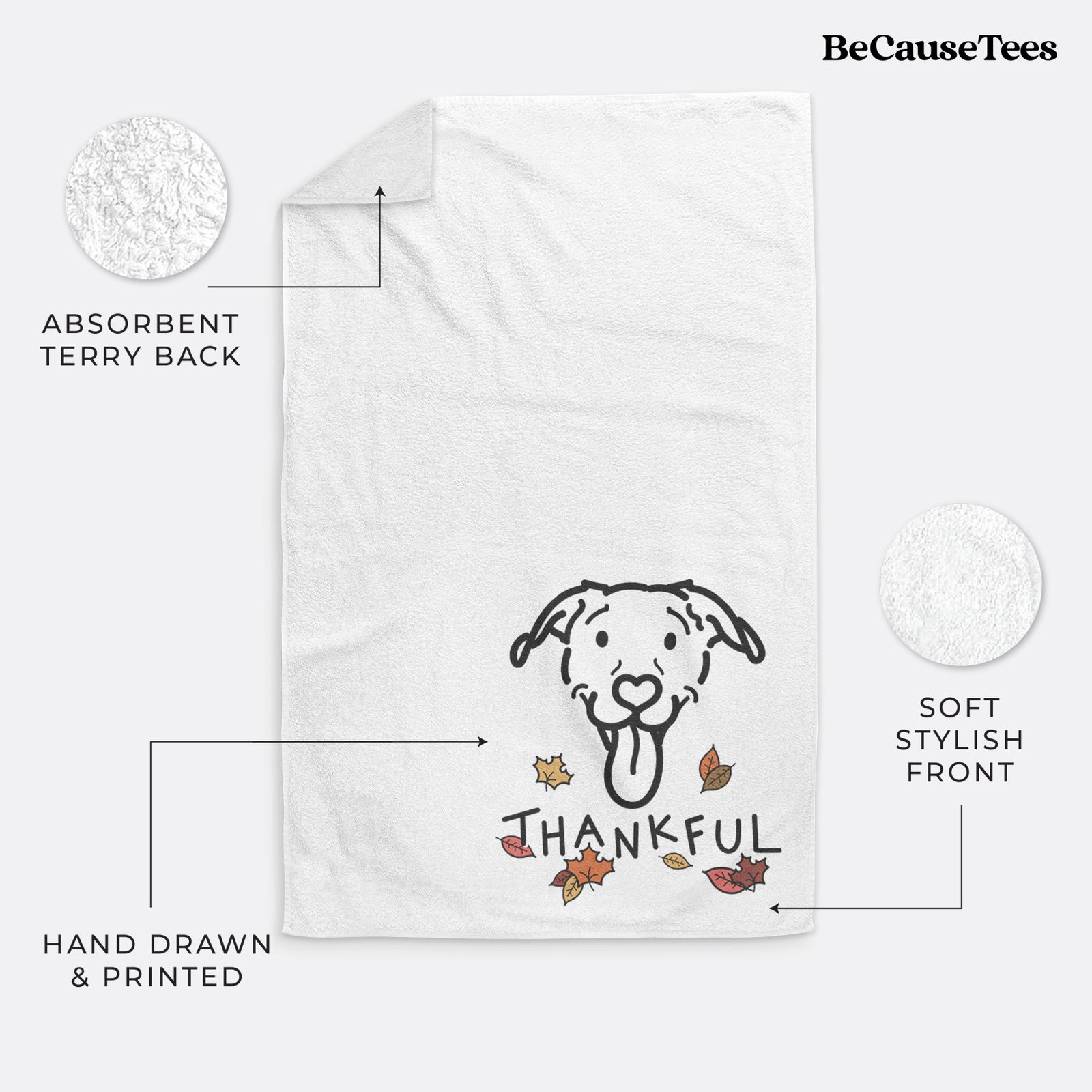 Minimalist line drawing of Hemi the Pitbull Mix with 'Thankful' lettering on a decorative hand towel