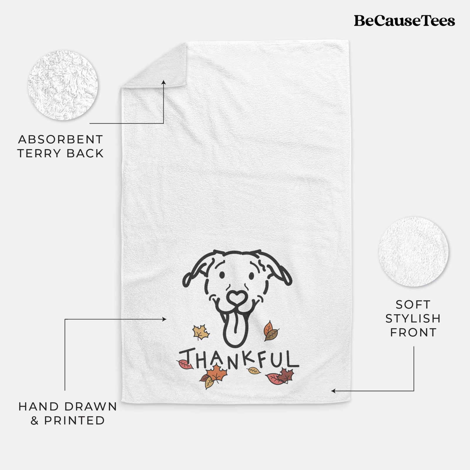 Minimalist line drawing of Hemi the Pitbull Mix with 'Thankful' lettering on a decorative hand towel