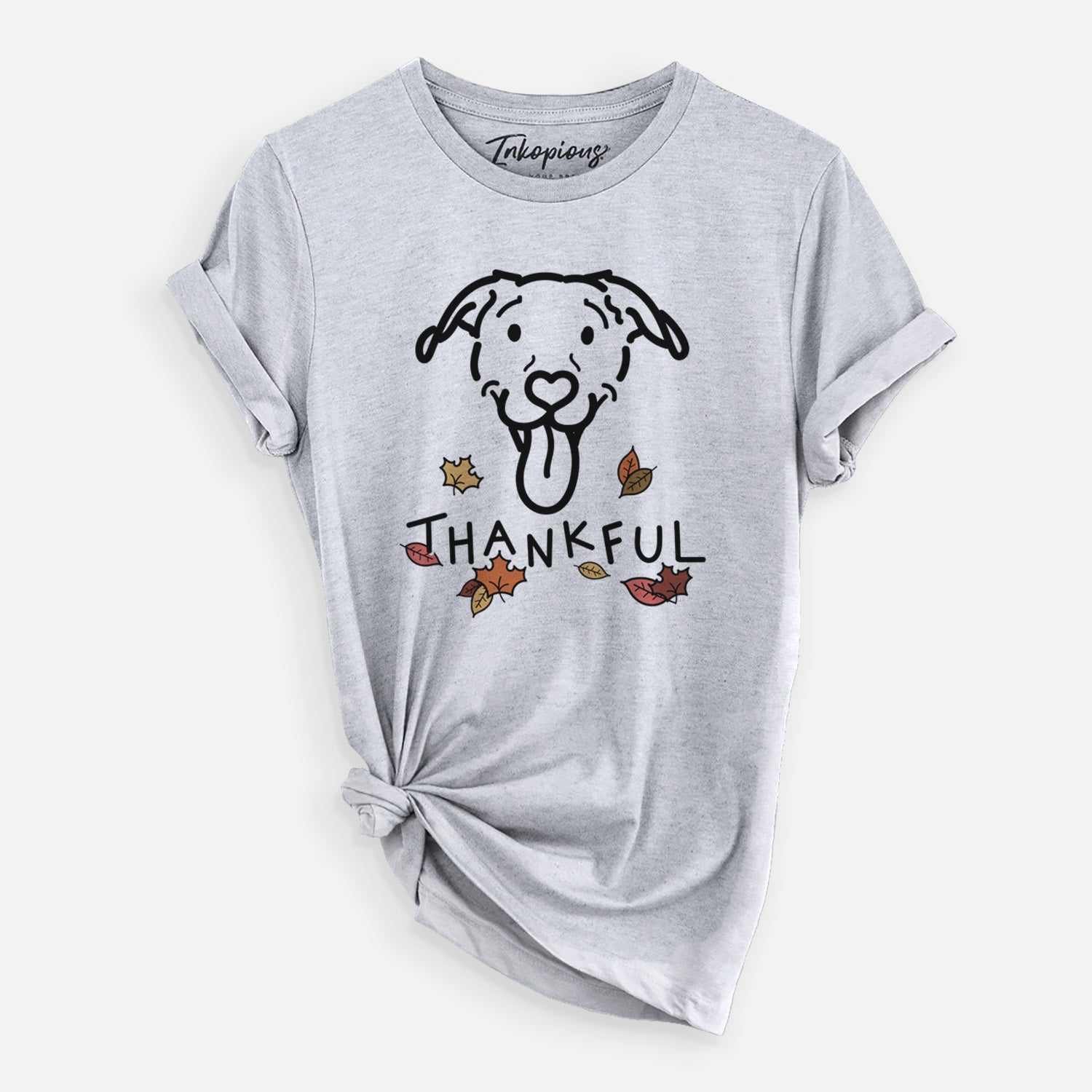Minimalist line drawing of Hemi the Pitbull Mix with 'Thankful' lettering on a Grey Unisex crewneck