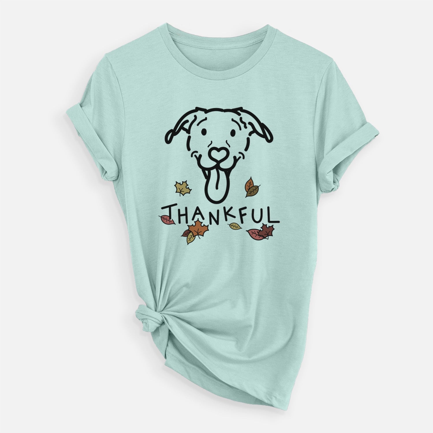 Minimalist line drawing of Hemi the Pitbull Mix with 'Thankful' lettering on a Heather Sage Unisex crewneck