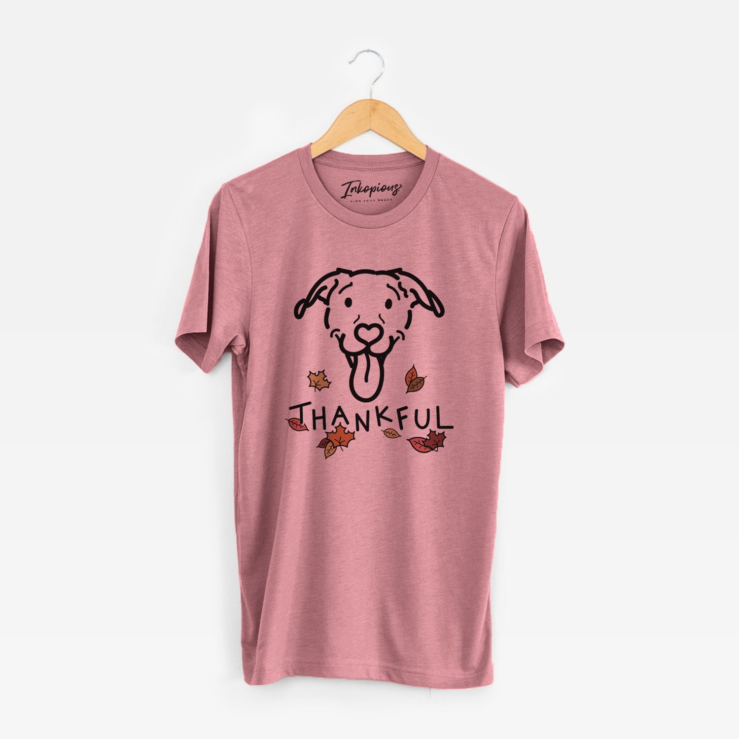 Minimalist line drawing of Hemi the Pitbull Mix with 'Thankful' lettering on a Mauve Unisex crewneck
