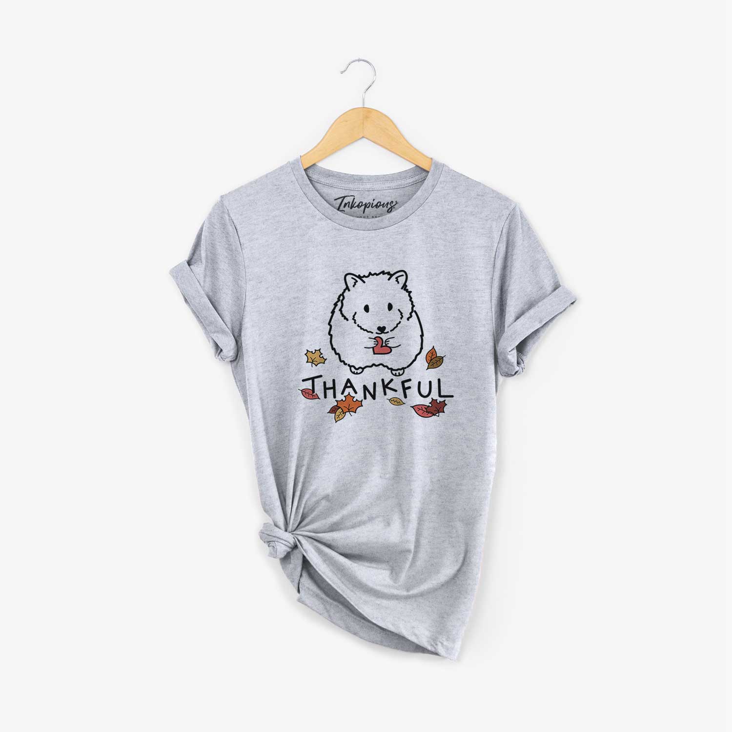Minimalist line drawing of Hilga the Hamster with 'Thankful' lettering on a Grey Unisex crewneck