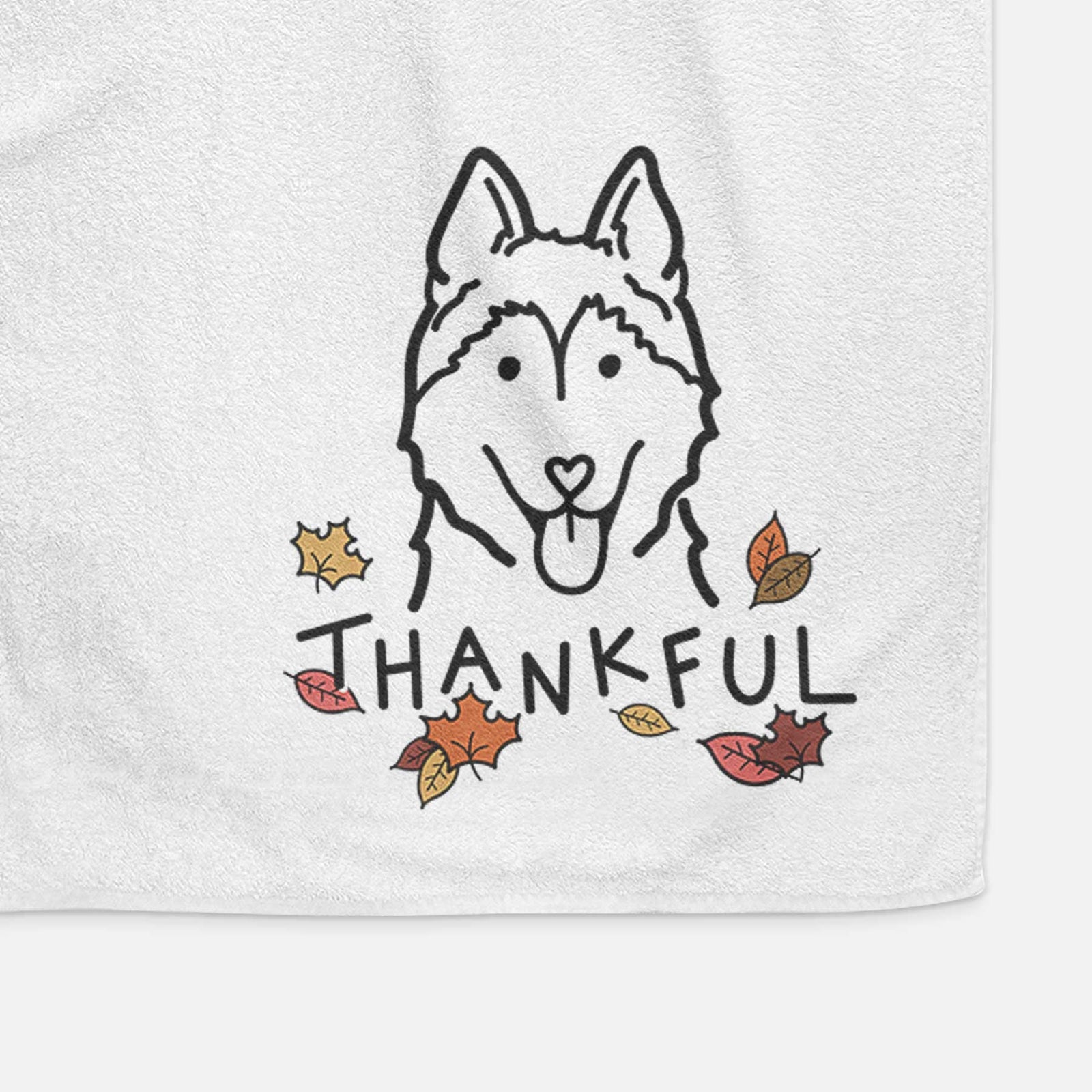 Minimalist line drawing of a Siberian Husky with 'Thankful' lettering on a decorative hand towel