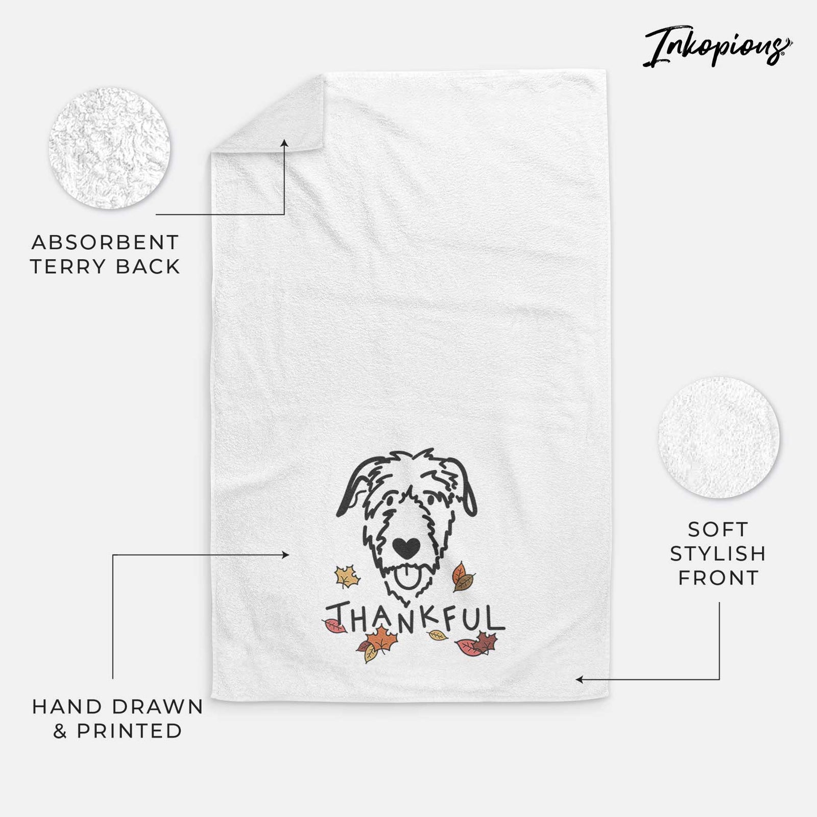 Minimalist line drawing of an Irish Wolfhound with 'Thankful' lettering on a decorative hand towel