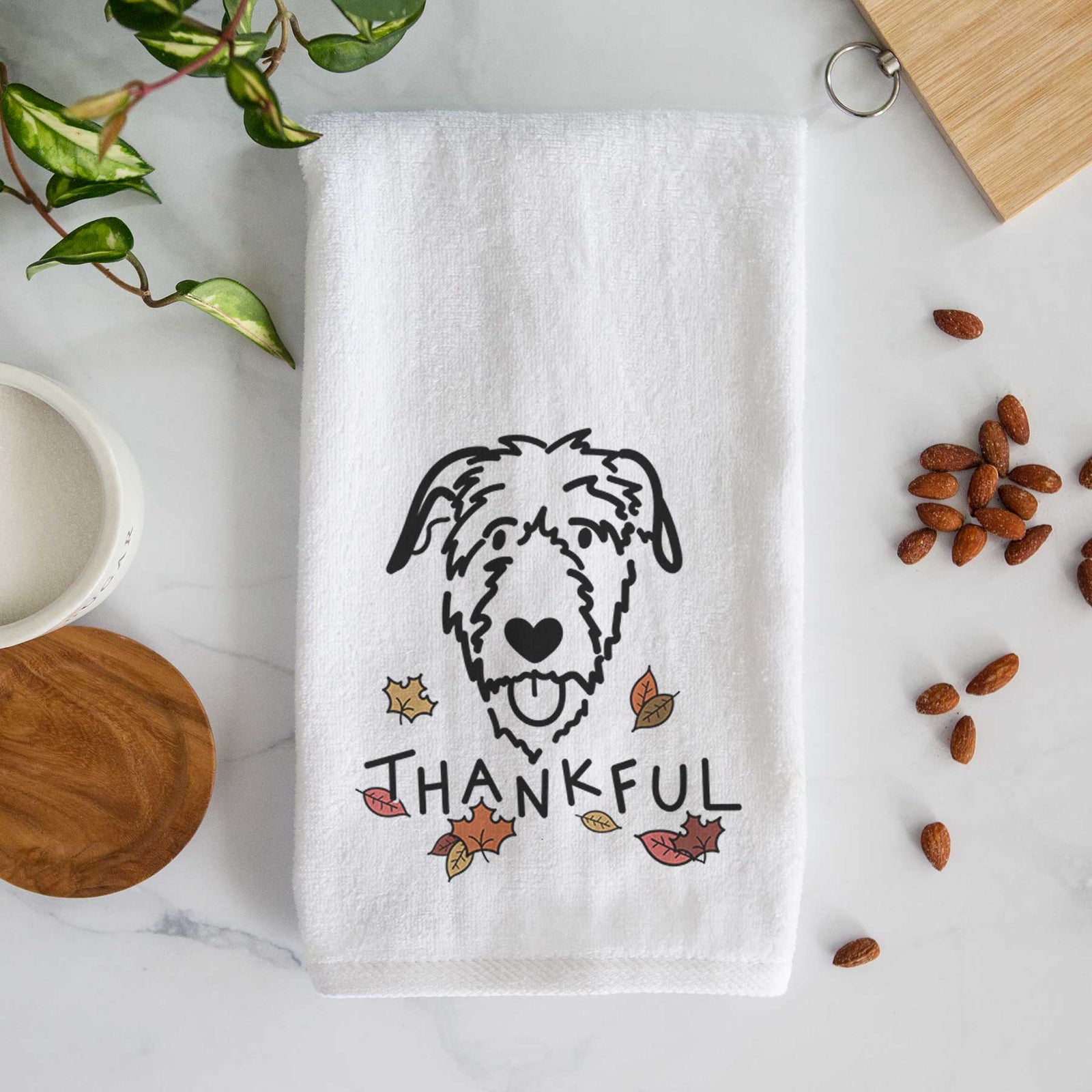 Minimalist line drawing of an Irish Wolfhound with 'Thankful' lettering on a decorative hand towel