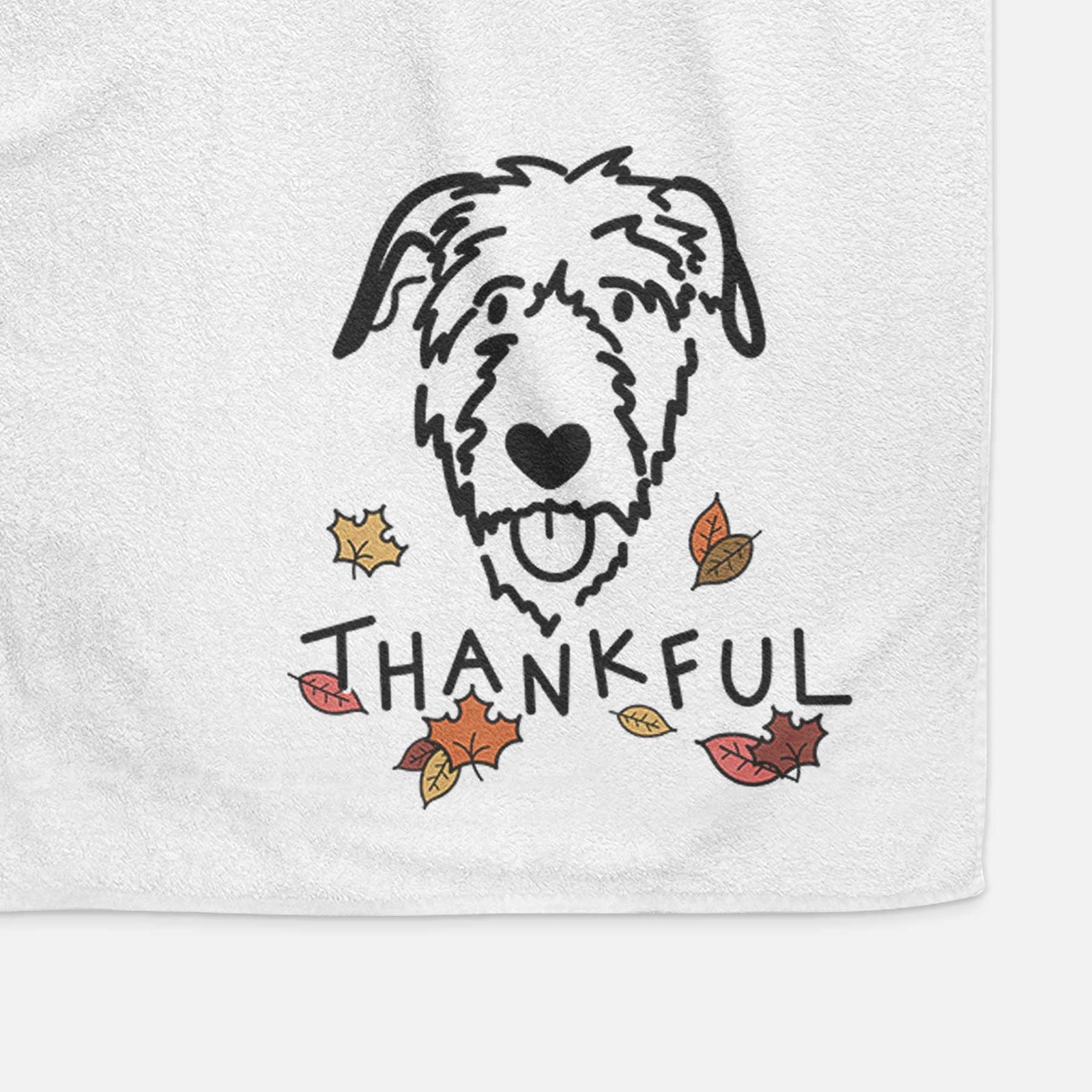 Minimalist line drawing of an Irish Wolfhound with 'Thankful' lettering on a decorative hand towel