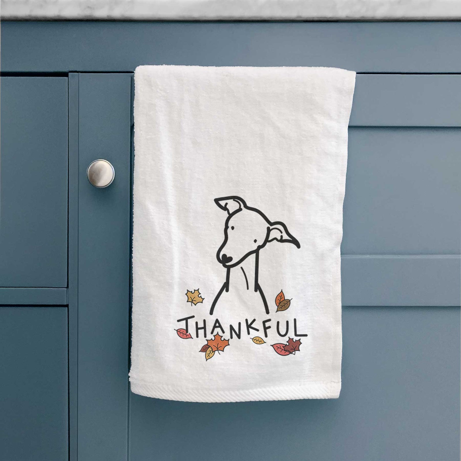 Minimalist line drawing of an Italian Greyhound with 'Thankful' lettering on a decorative hand towel