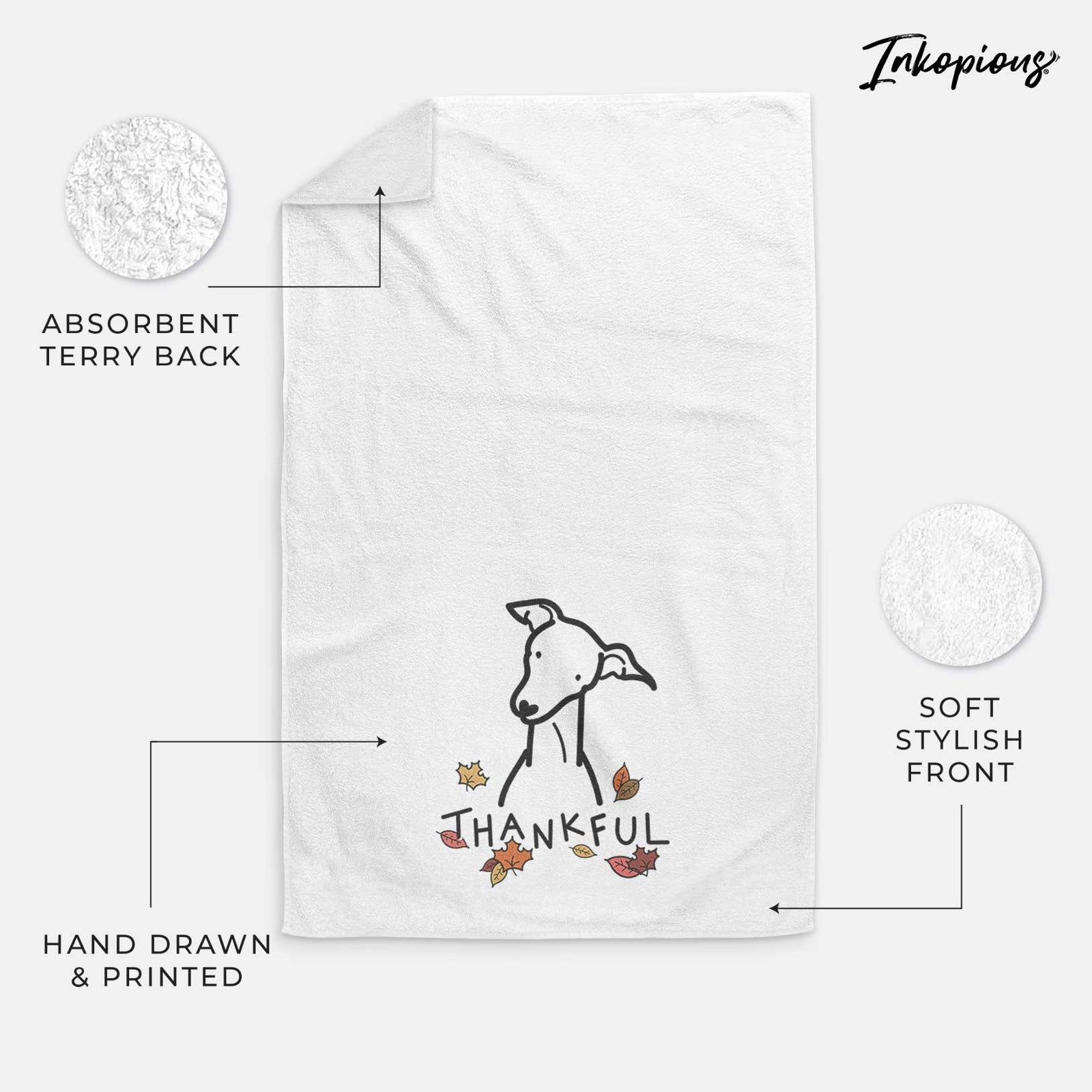 Minimalist line drawing of an Italian Greyhound with 'Thankful' lettering on a decorative hand towel
