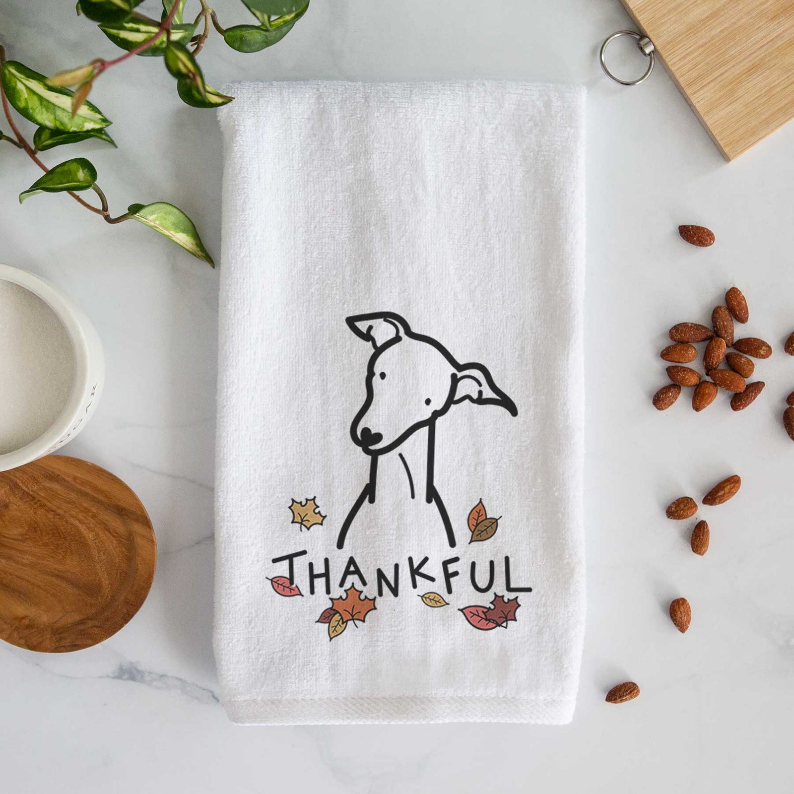 Minimalist line drawing of an Italian Greyhound with 'Thankful' lettering on a decorative hand towel