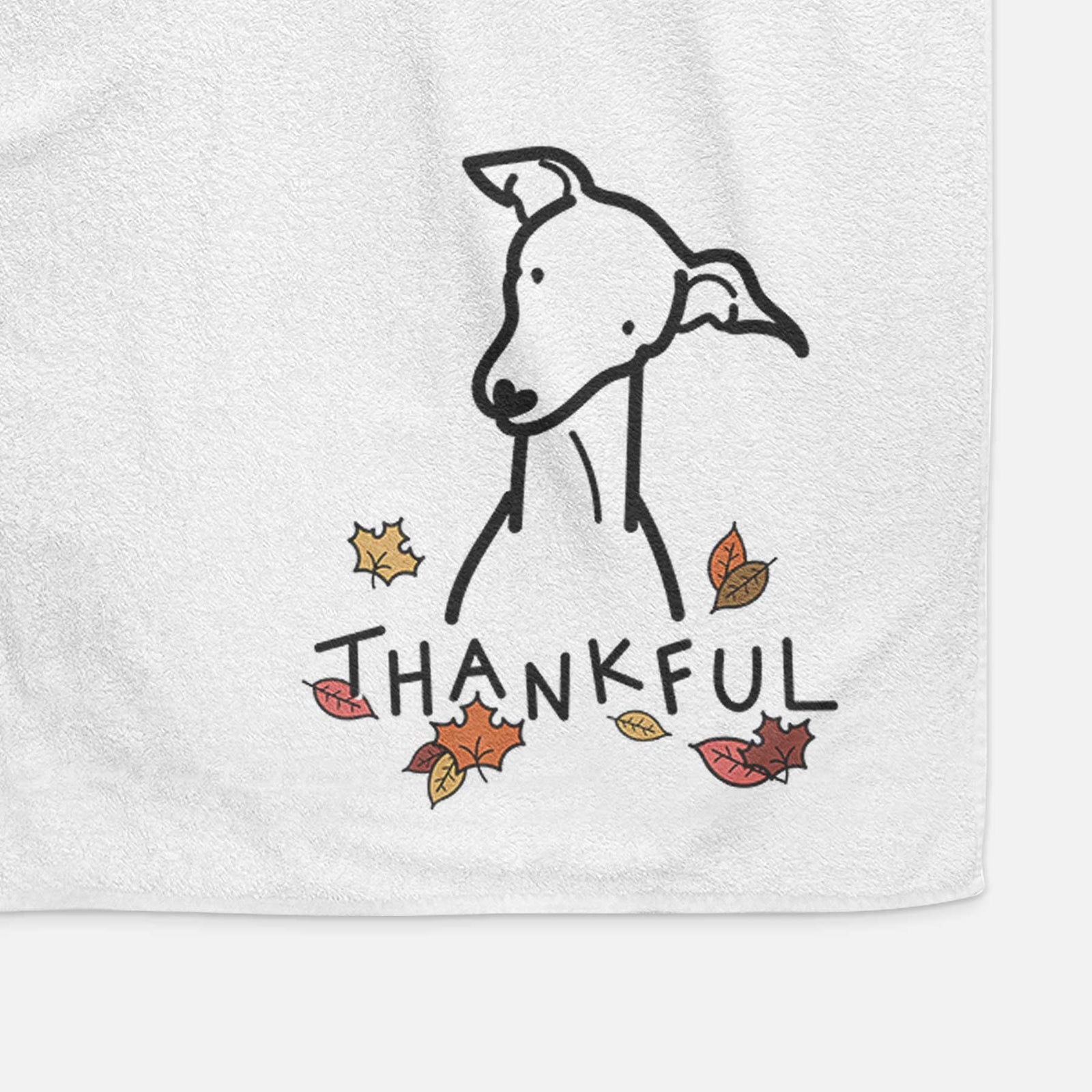 Minimalist line drawing of an Italian Greyhound with 'Thankful' lettering on a decorative hand towel