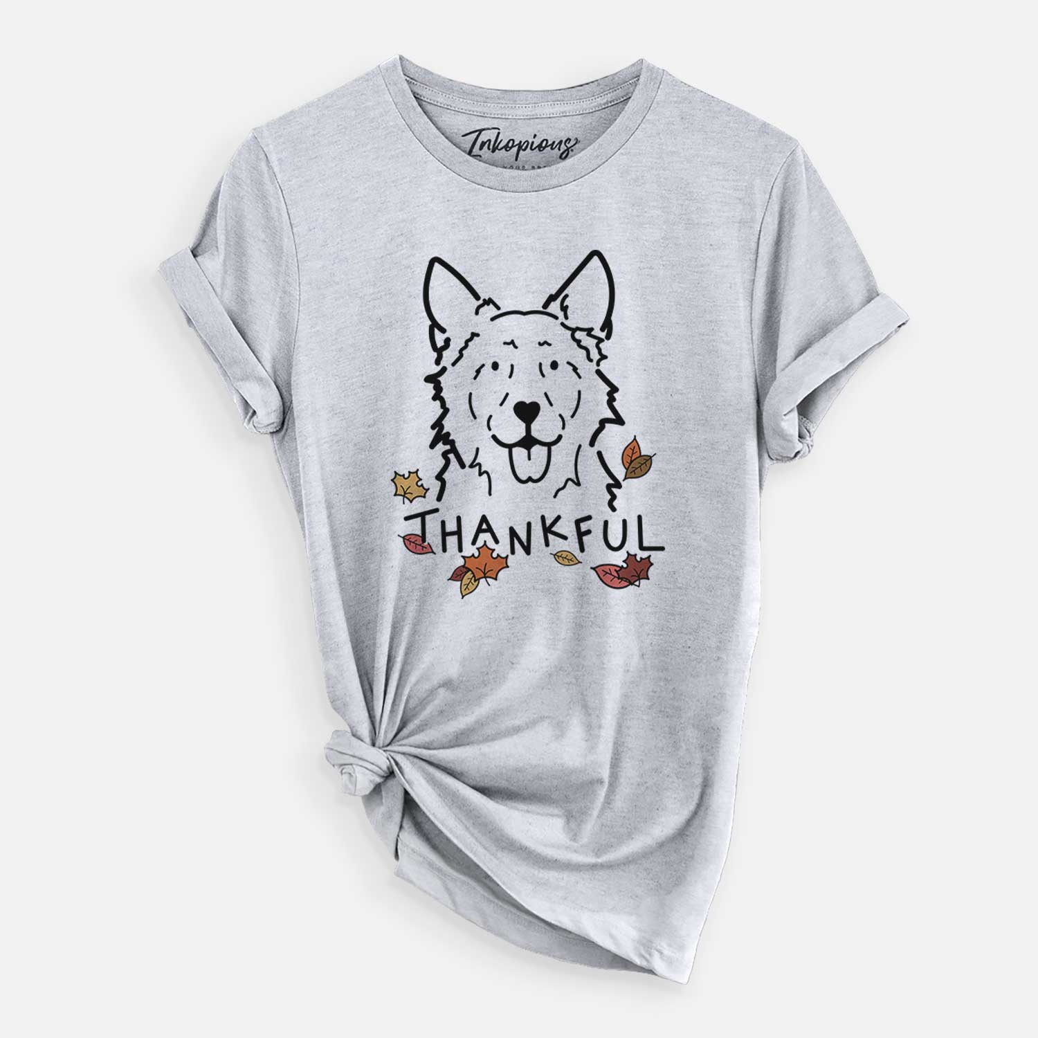 Minimalist line drawing of Jack the Mudi with 'Thankful' lettering on a Grey Unisex crewneck