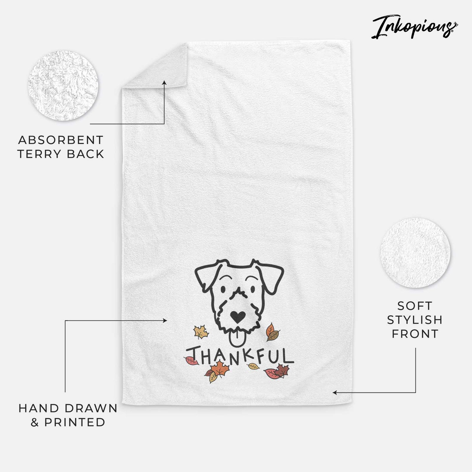 Minimalist line drawing of a Jack Russell Terrier with 'Thankful' lettering on a decorative hand towel
