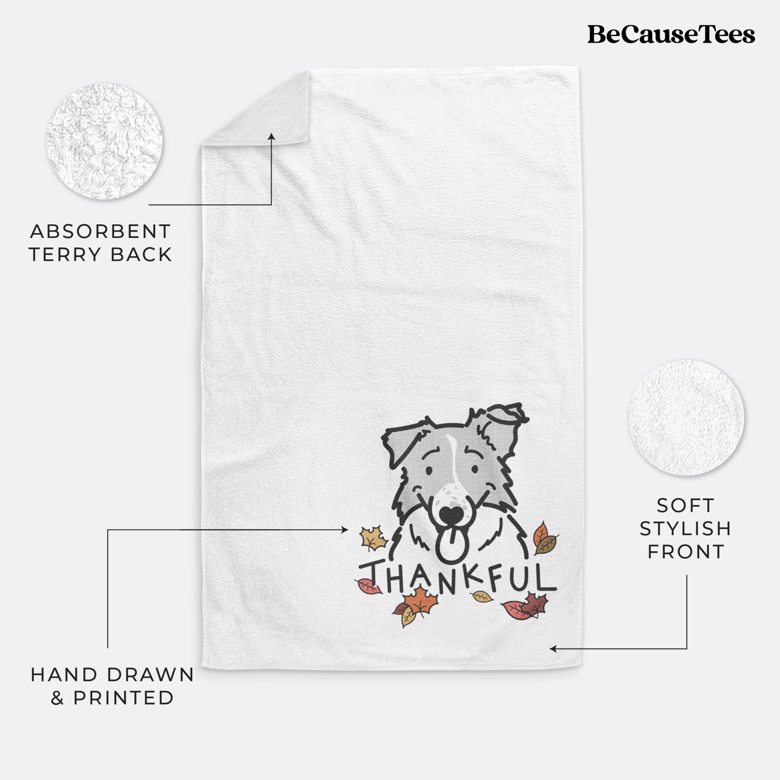 Minimalist line drawing of Jam the Border Collie with 'Thankful' lettering on a decorative hand towel
