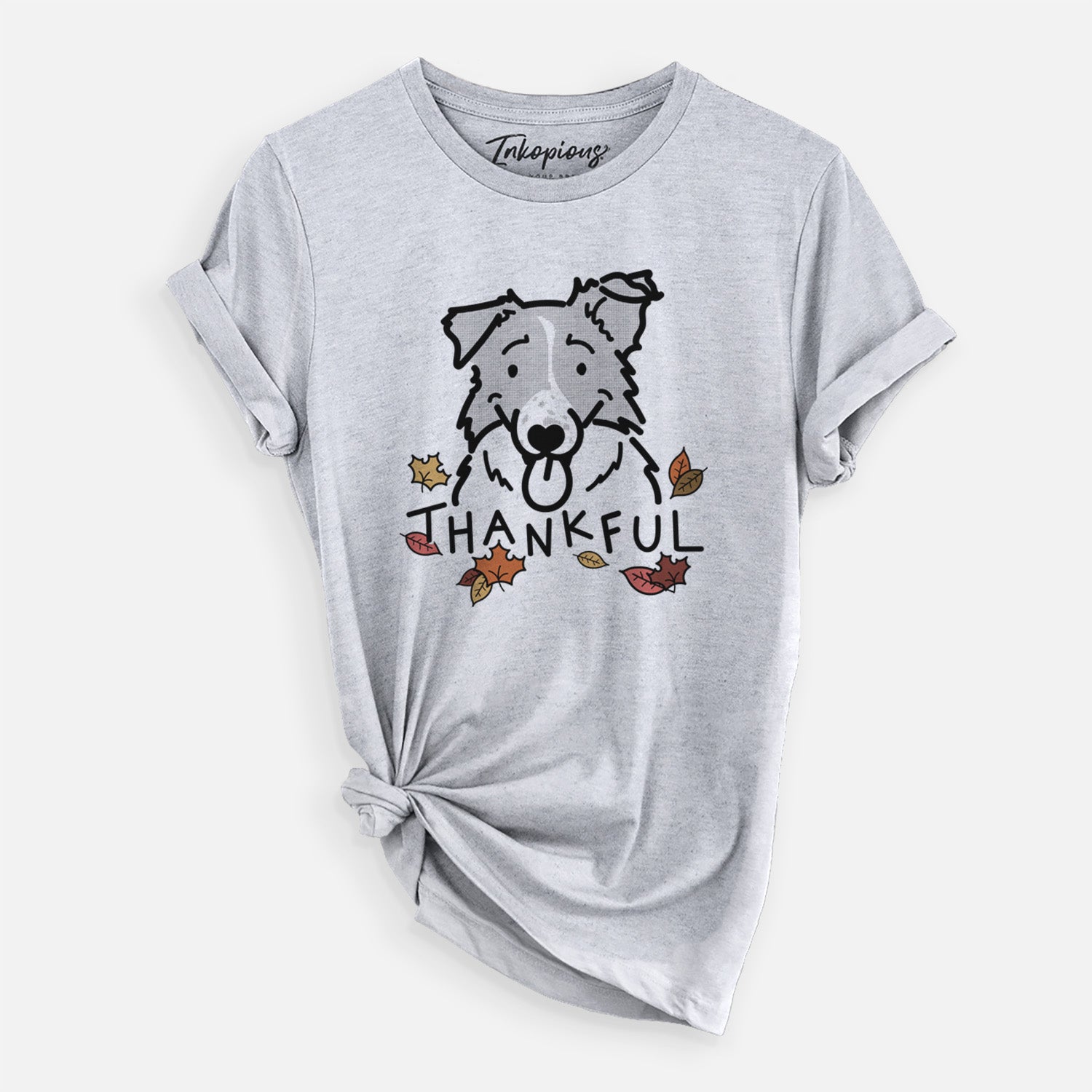 Minimalist line drawing of Jam the Border Collie with 'Thankful' lettering on a Grey Unisex crewneck