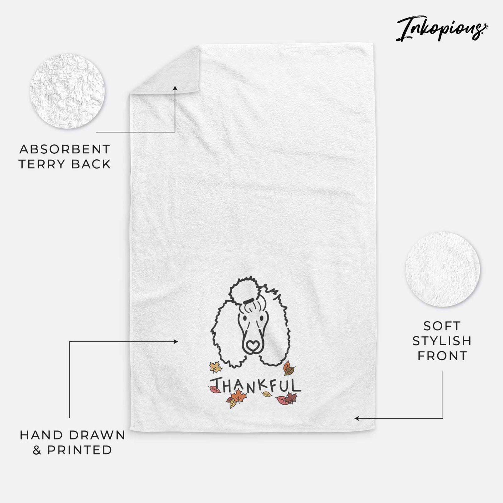 Minimalist line drawing of Jemma the Standard Poodle with 'Thankful' lettering on a decorative hand towel