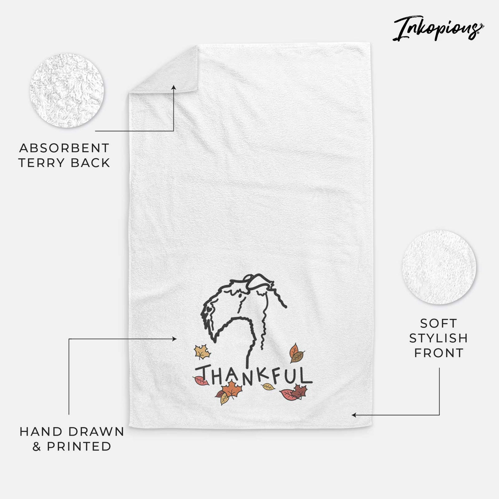 Minimalist line drawing of a Kerry Blue Terrier with 'Thankful' lettering on a decorative hand towel