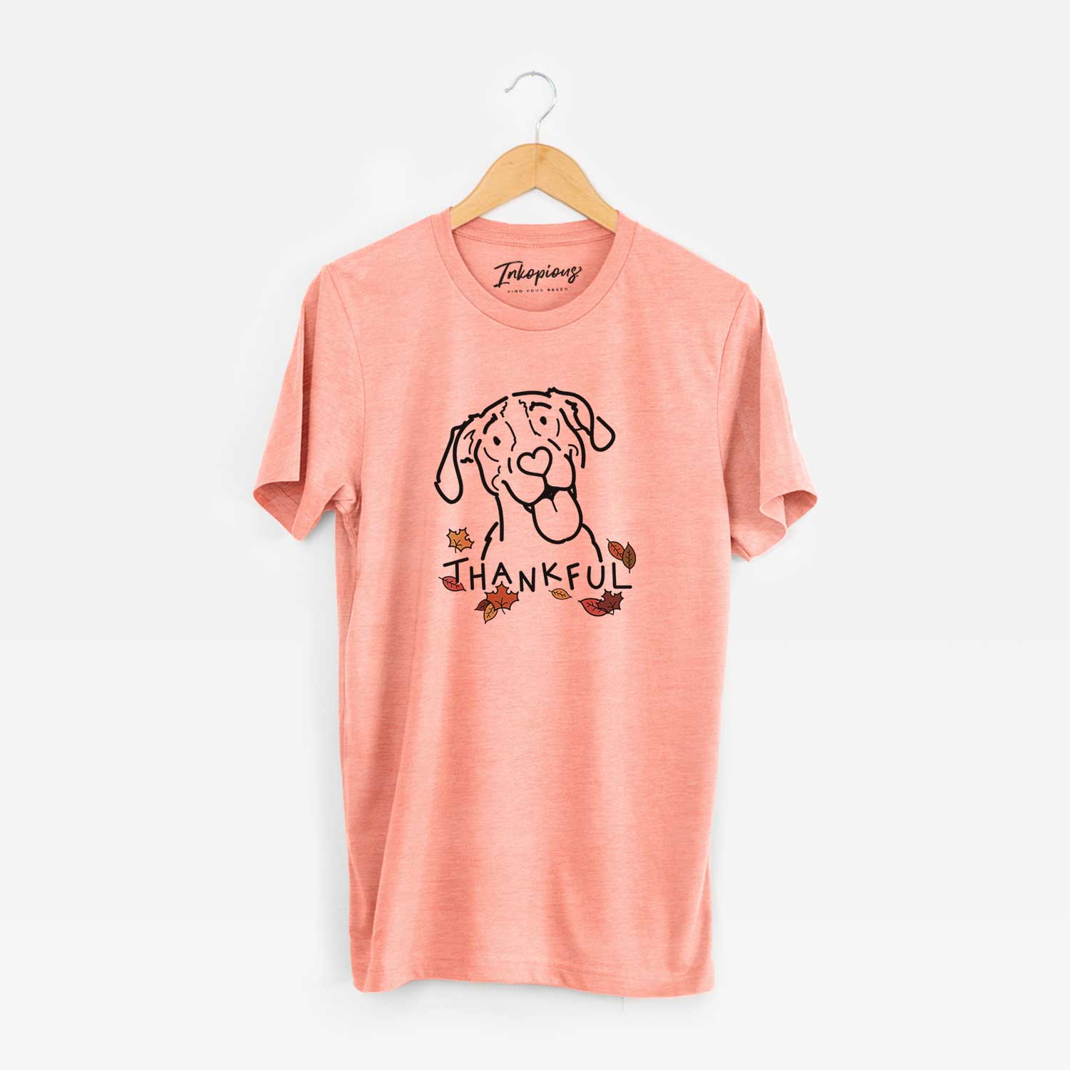 Minimalist line drawing of Kimble the Treeing Walker Coonhound with 'Thankful' lettering on a Sunset Unisex crewneck