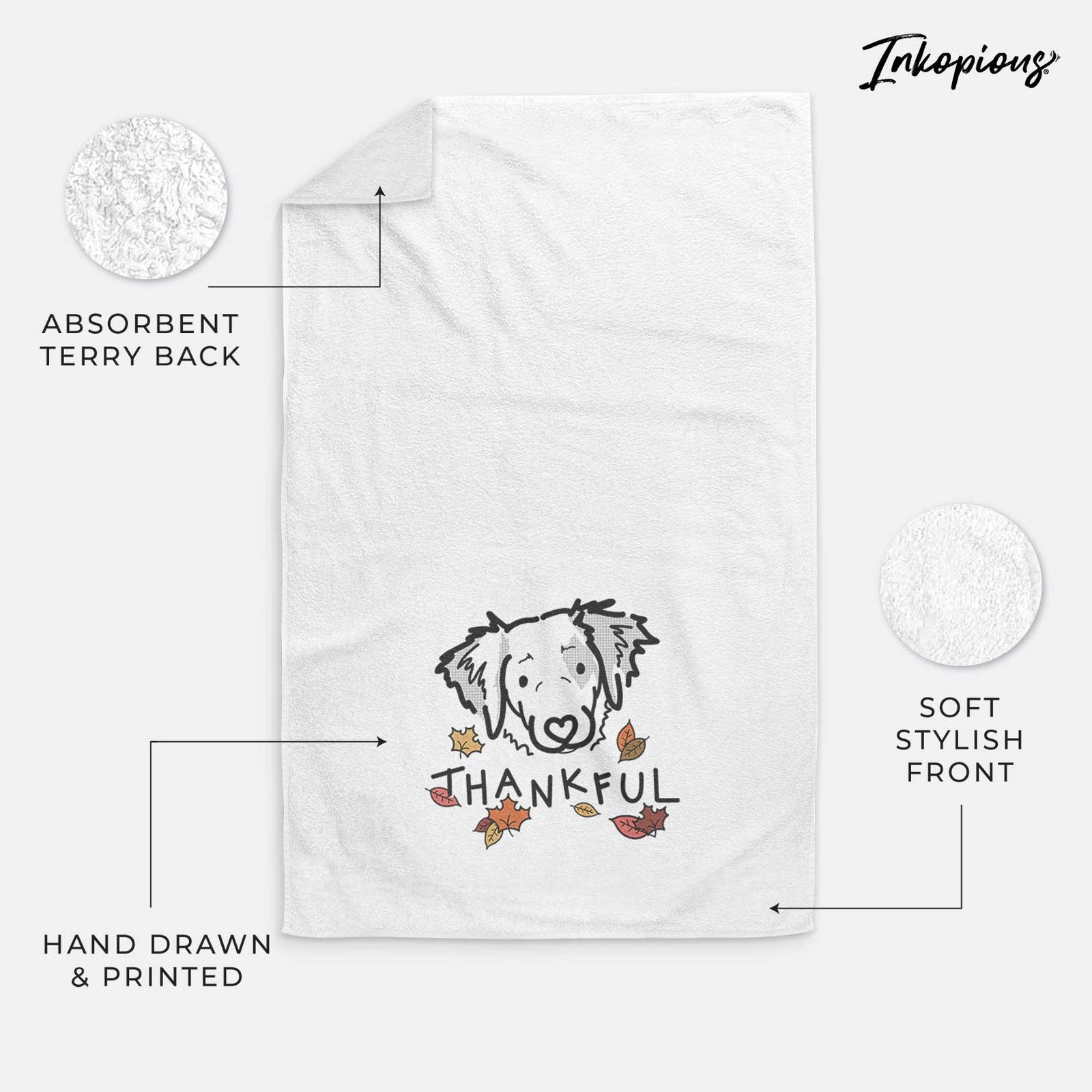 Minimalist line drawing of Kiva the Brittany Spaniel with 'Thankful' lettering on a decorative hand towel