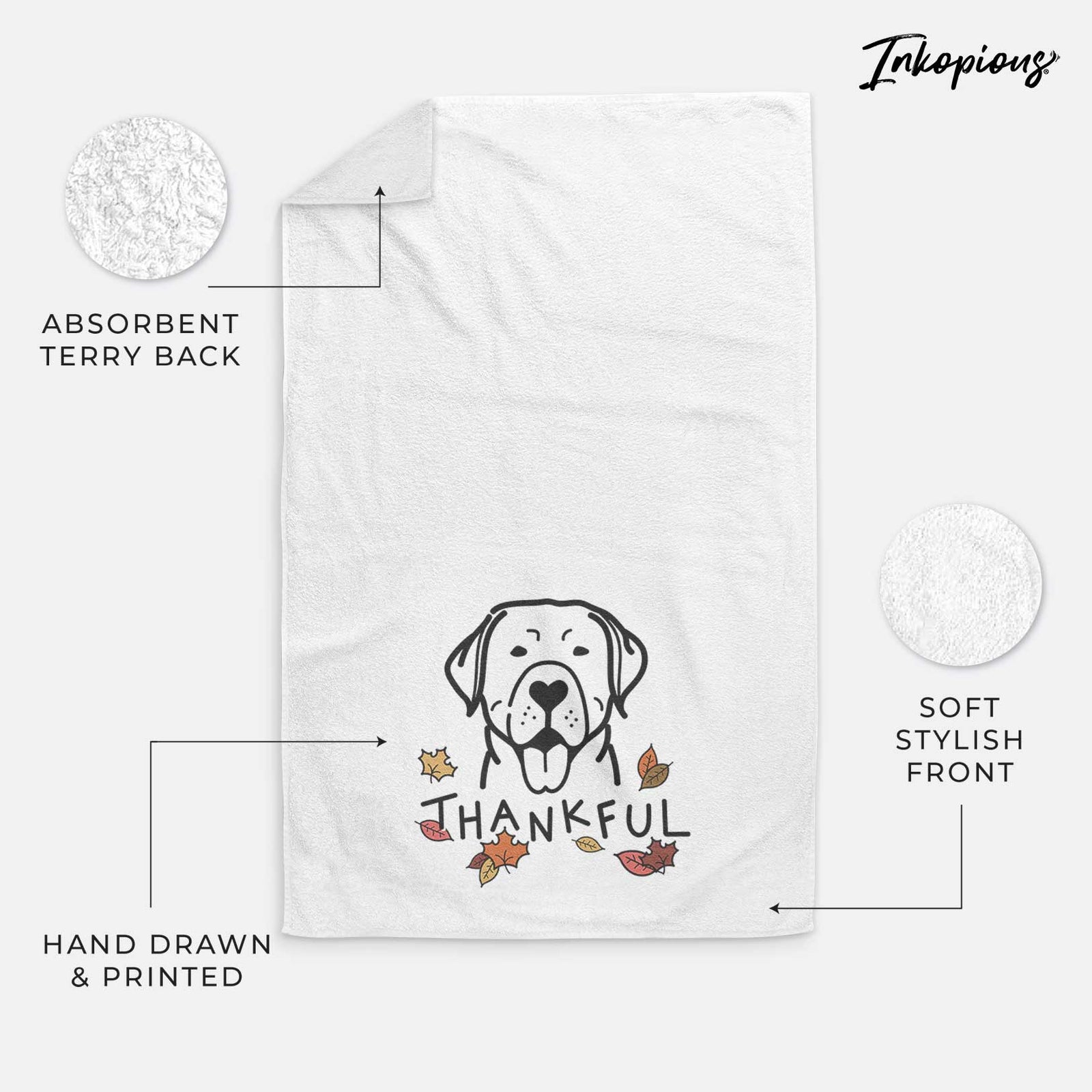 Minimalist line drawing of a Labrador Retriever with 'Thankful' lettering on a decorative hand towel