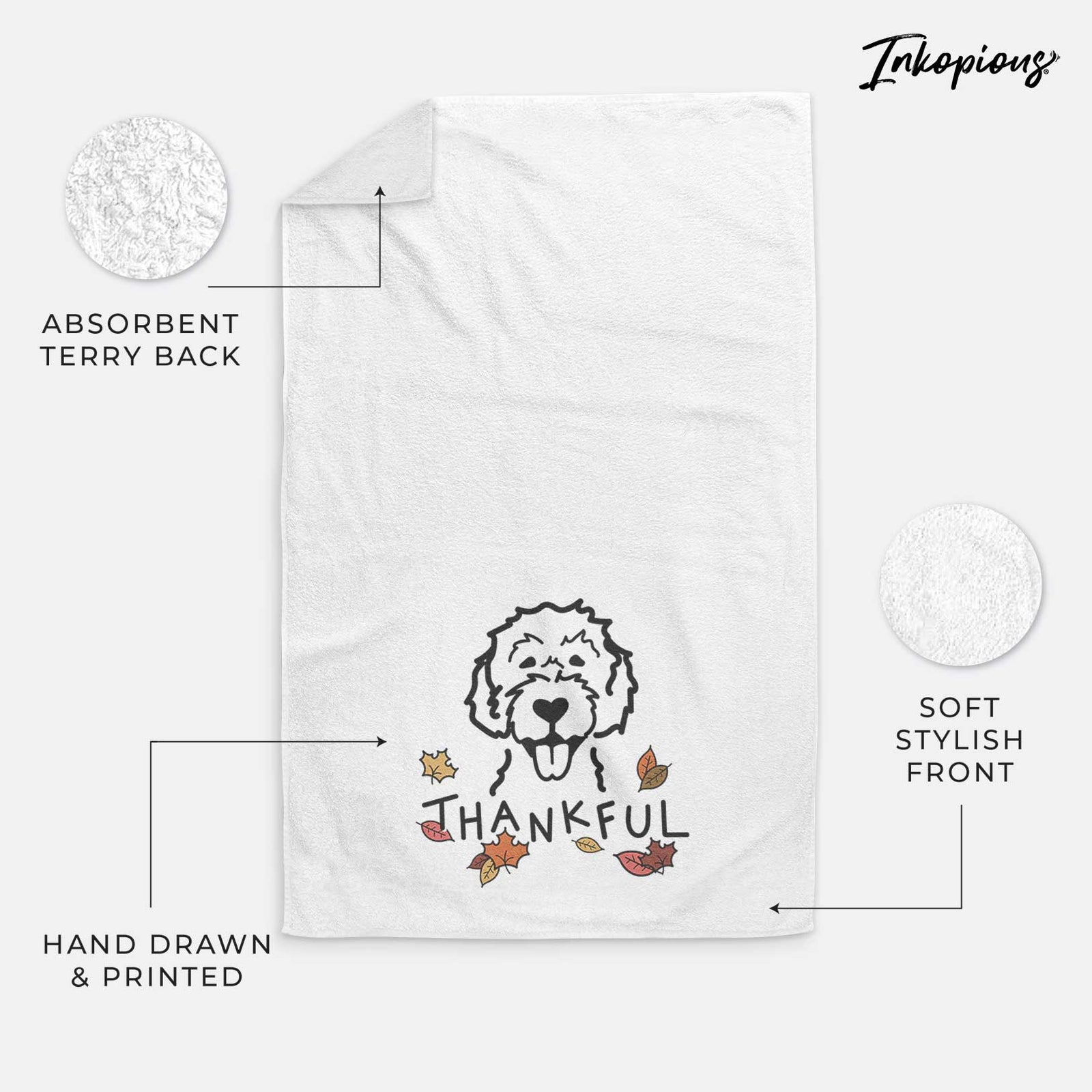 Minimalist line drawing of a Labradoodle with 'Thankful' lettering on a decorative hand towel