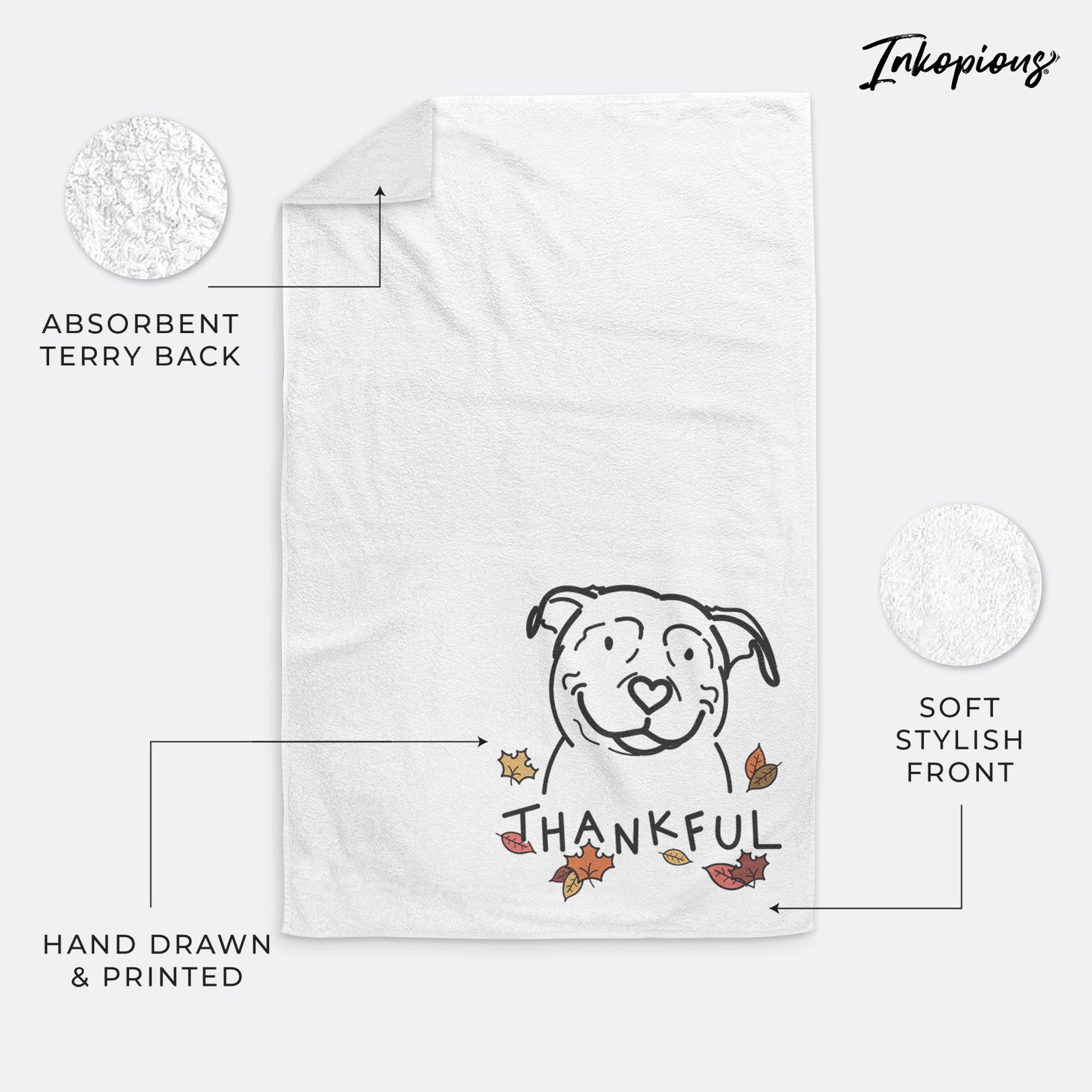 Minimalist line drawing of Lady the American Pitbull Terrier with 'Thankful' lettering on a decorative hand towel