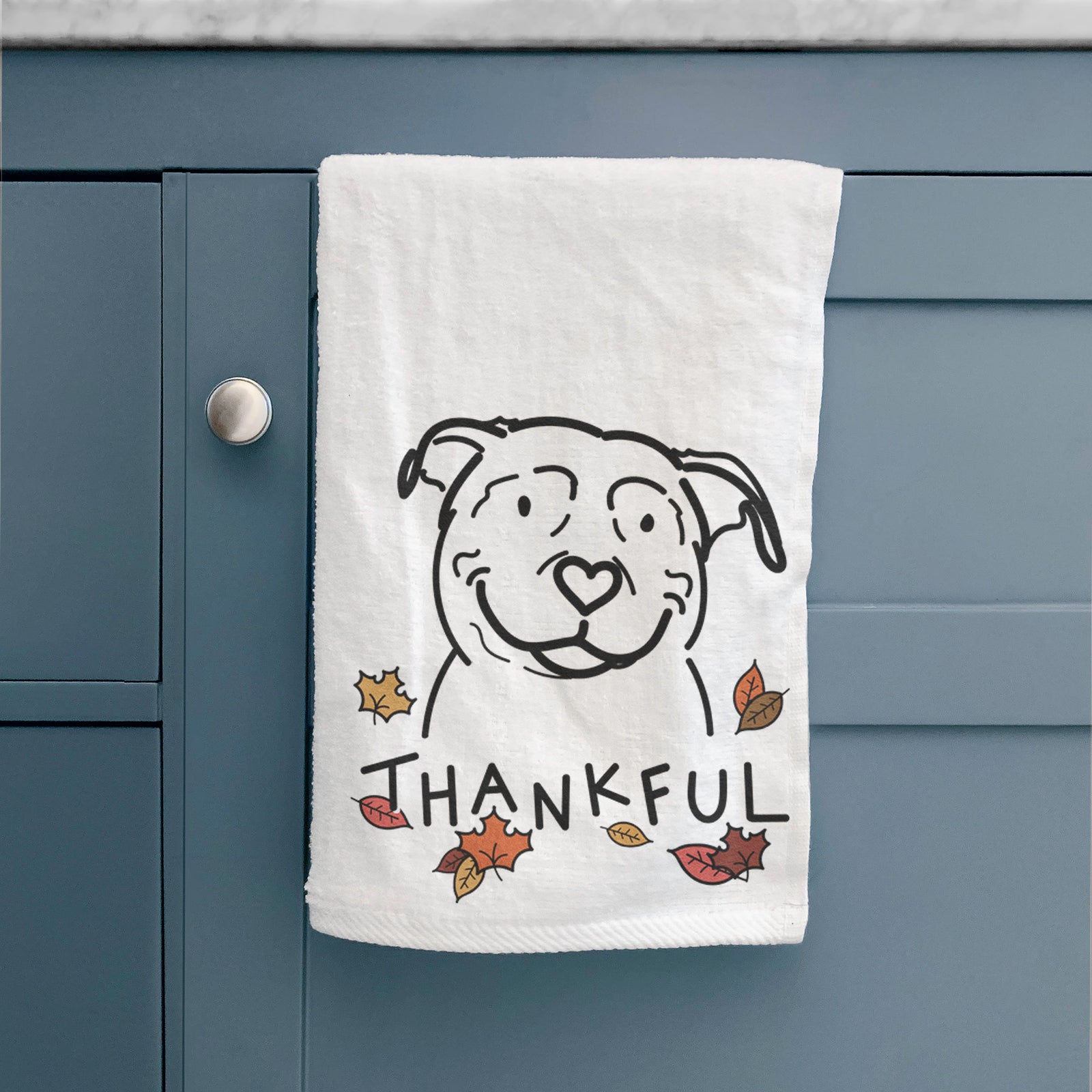 Minimalist line drawing of Lady the American Pitbull Terrier with 'Thankful' lettering on a decorative hand towel