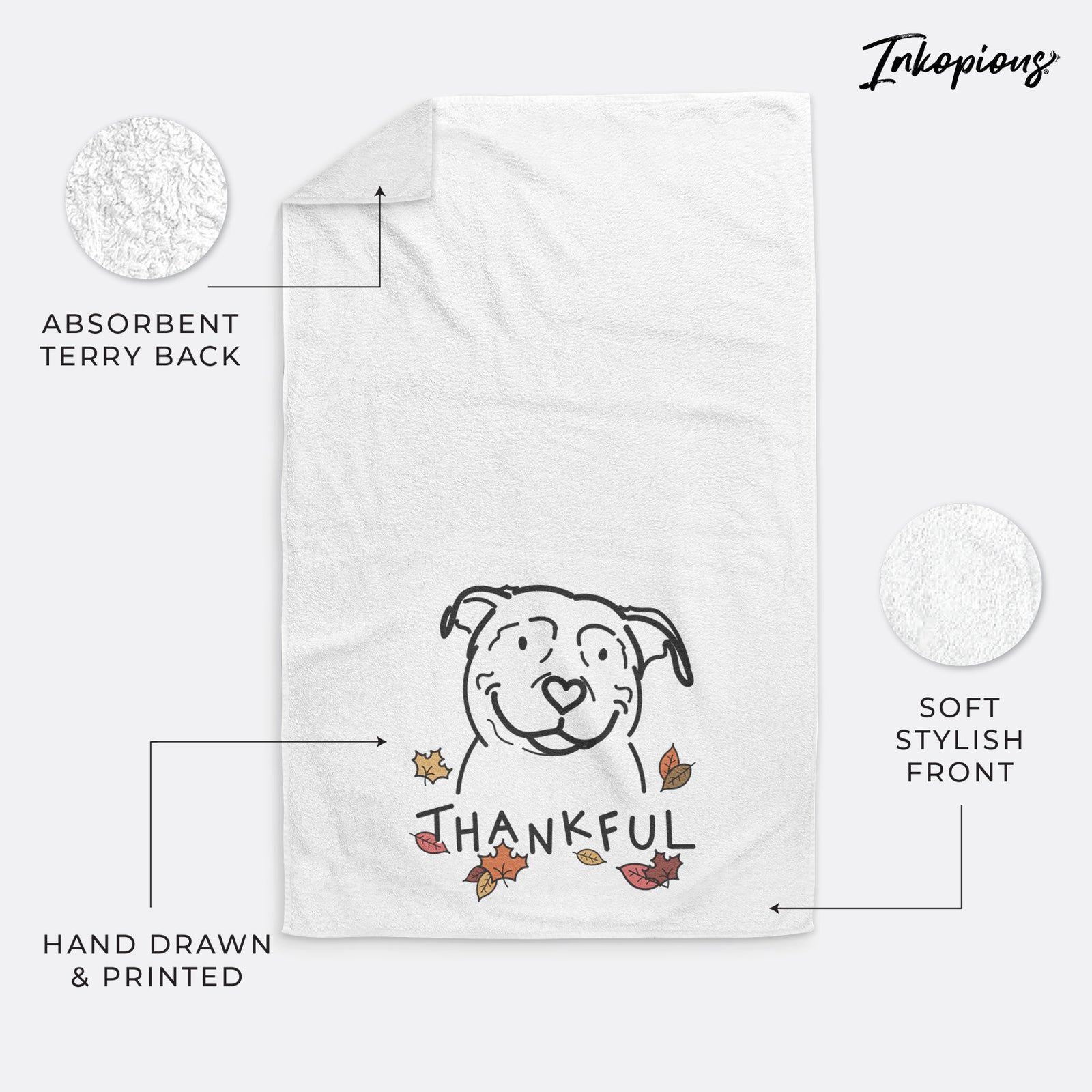 Minimalist line drawing of Lady the American Pitbull Terrier with 'Thankful' lettering on a decorative hand towel