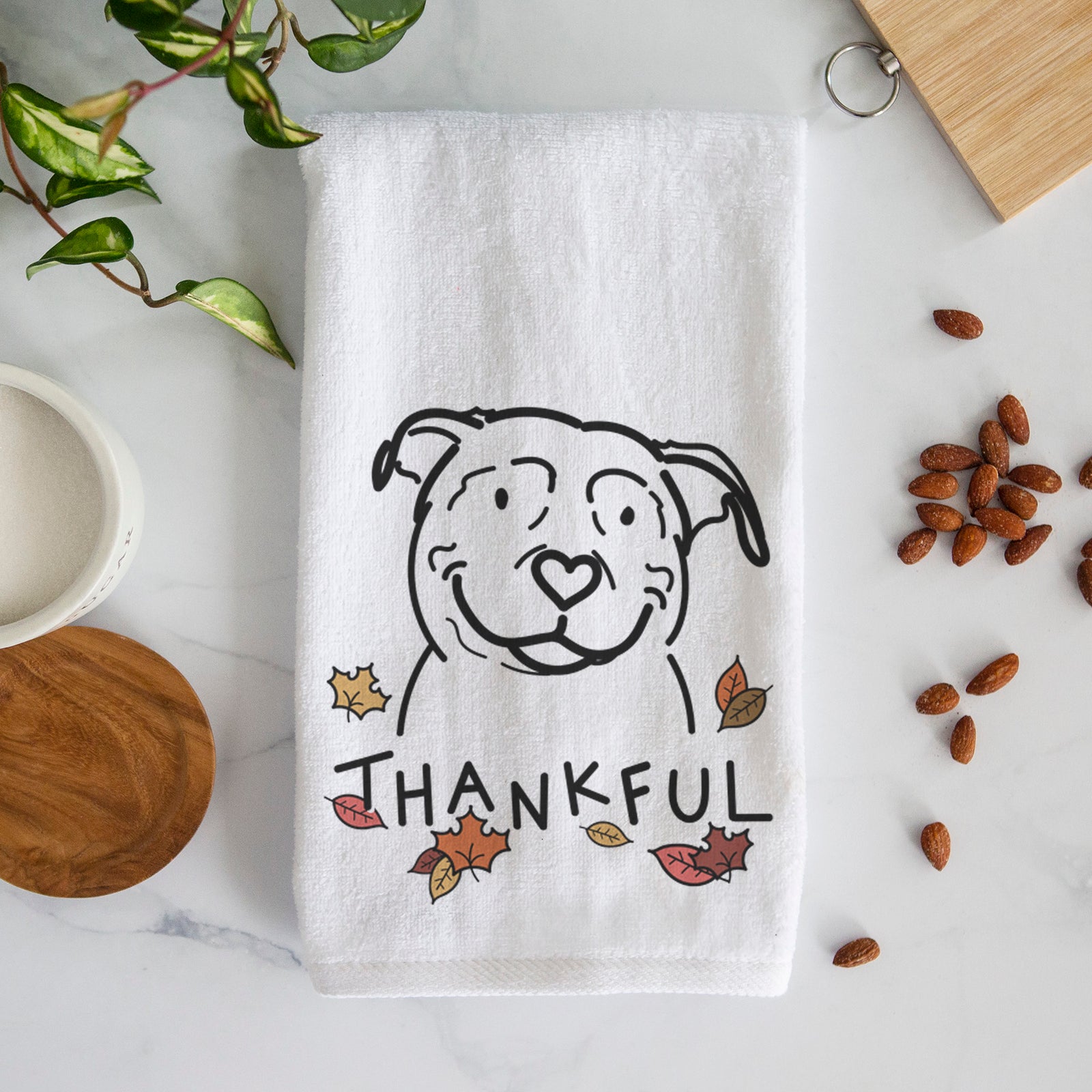 Minimalist line drawing of Lady the American Pitbull Terrier with 'Thankful' lettering on a decorative hand towel