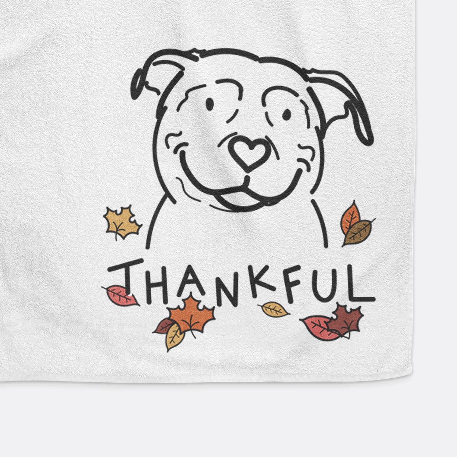 Minimalist line drawing of Lady the American Pitbull Terrier with 'Thankful' lettering on a decorative hand towel